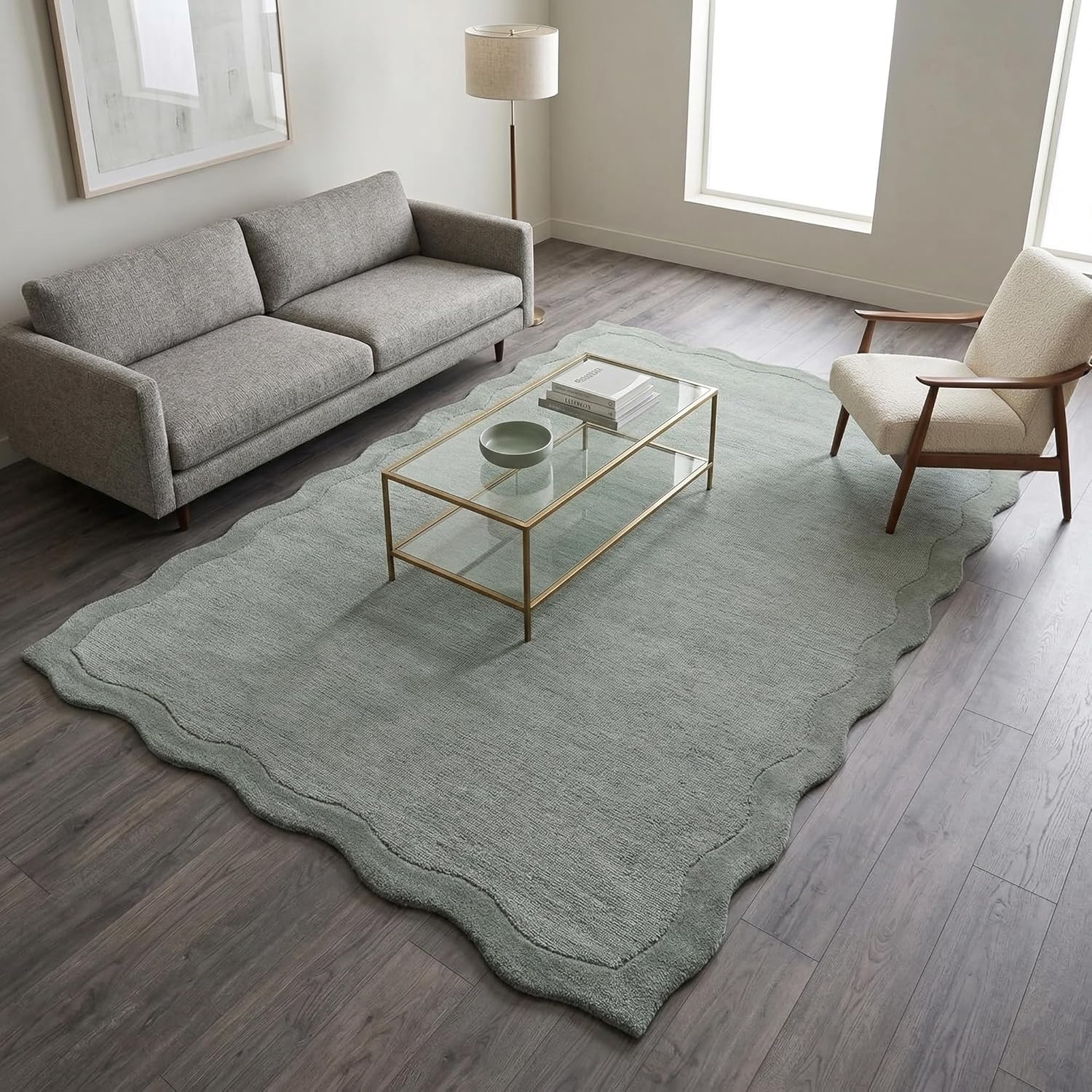 Scalloped Hand-Tufted Wool Area Rug – Thick, Soft, Plain Textured Carpet for Living Room, Bedroom, – Wavy Edge Accent Rugs with Cotton Backing (Sage Green, 5' Round)