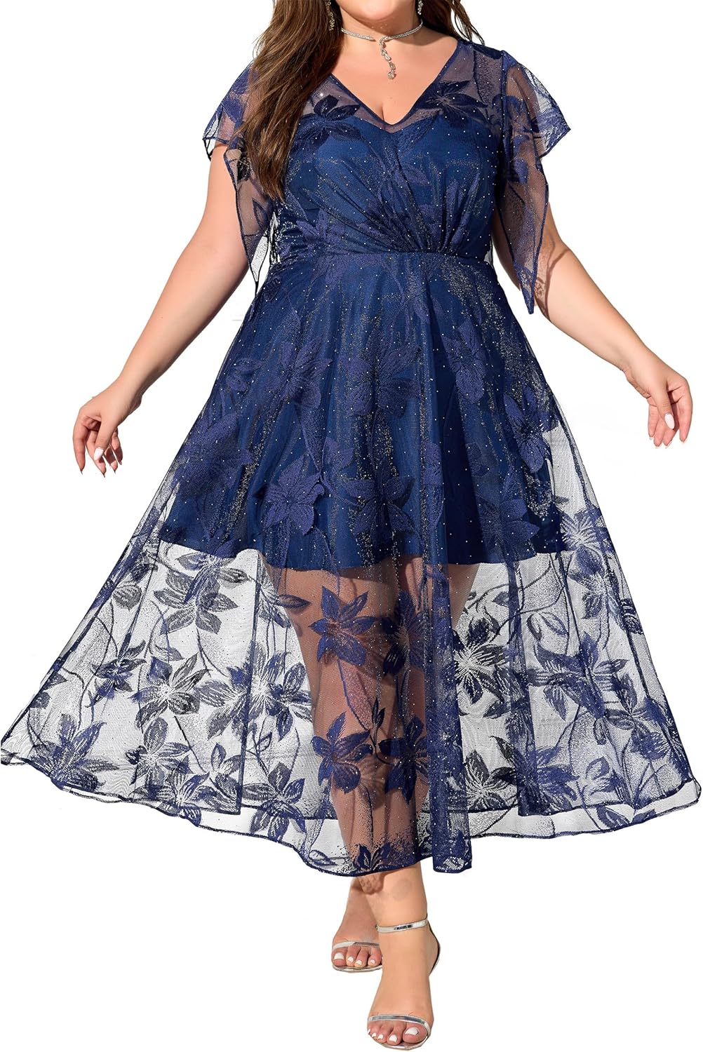 Beckyrebelly Plus Size Cocktail Wedding Guest Dress for Women Empire Waist Sequin Embroidered Lace Midi Dresses