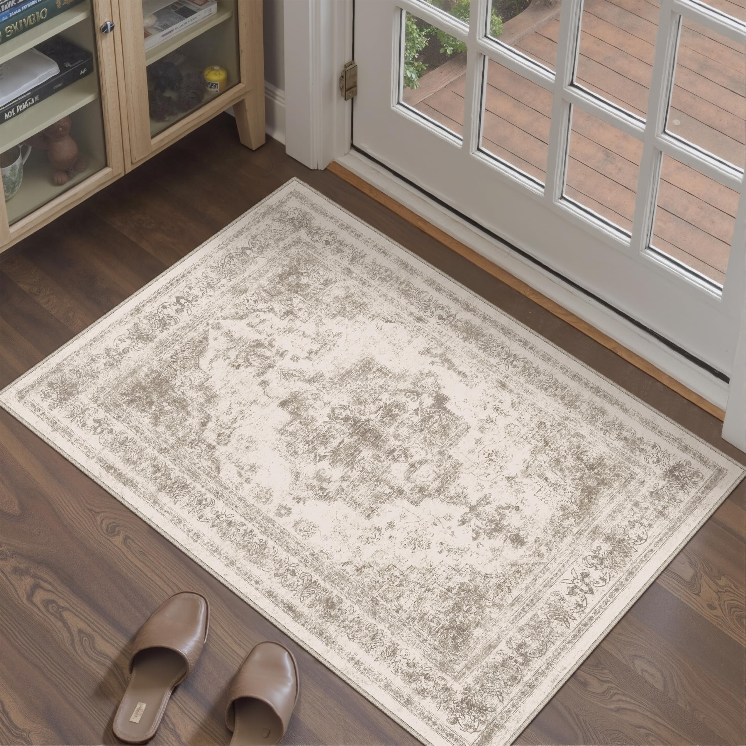 HUGEAR Vintage Tappeto Ingresso Interno Beige Tappeti 60x90cm Antiscivolo Lavabile in Lavatrice Tapette Cucina Camera da Letto Entrata Scendiletto Ufficio Pelo Corto Piccolo Carpet