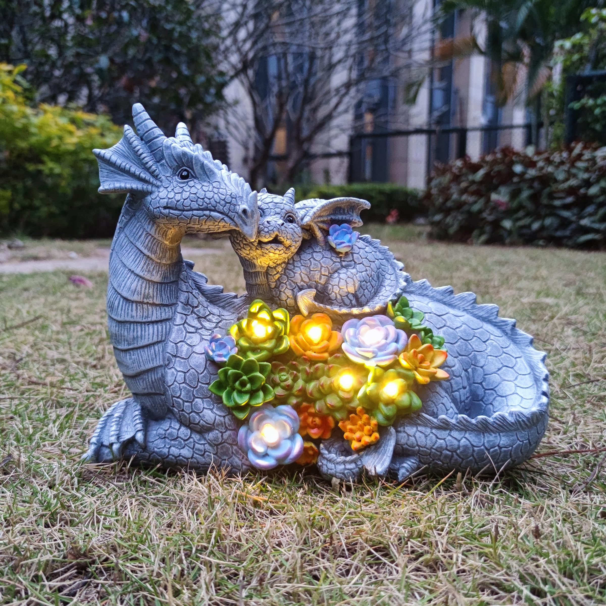 Solar Dragon Statue with LED Lights and Succulent