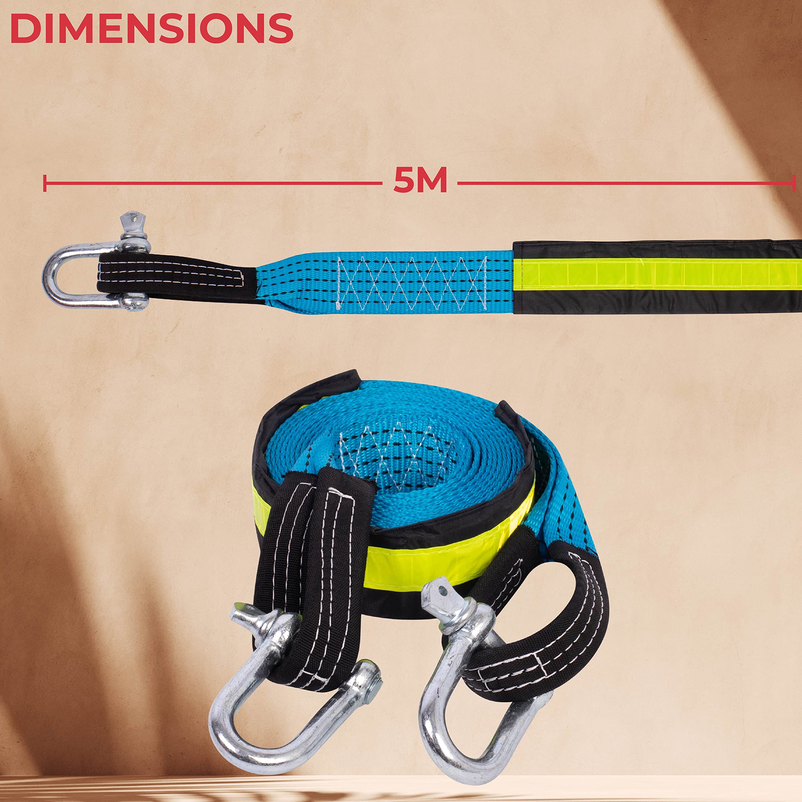 GADLANE Molta Forza Corda Da Traino Con Strisce Riflettenti Con 2 Ganci Di Sicurezza Cinghia Traino Guanti E Custodia Inclusi - 8 Tonnellate - 5 Metri Di Lunghezza