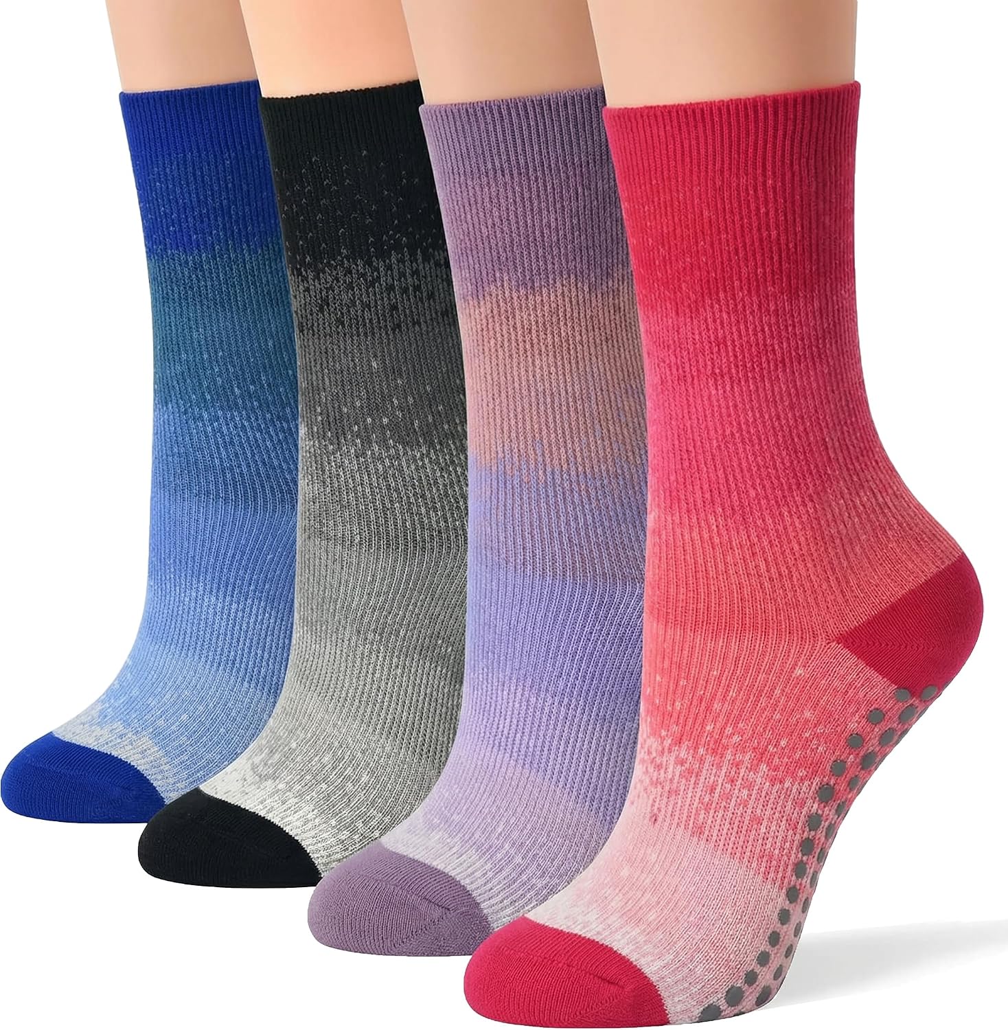 Women's Pilates Grip Crew Socks, Non-Slip Cushioned Yoga &Barre Socks,Classic Stripe &Ombre Styles for Studio &Home