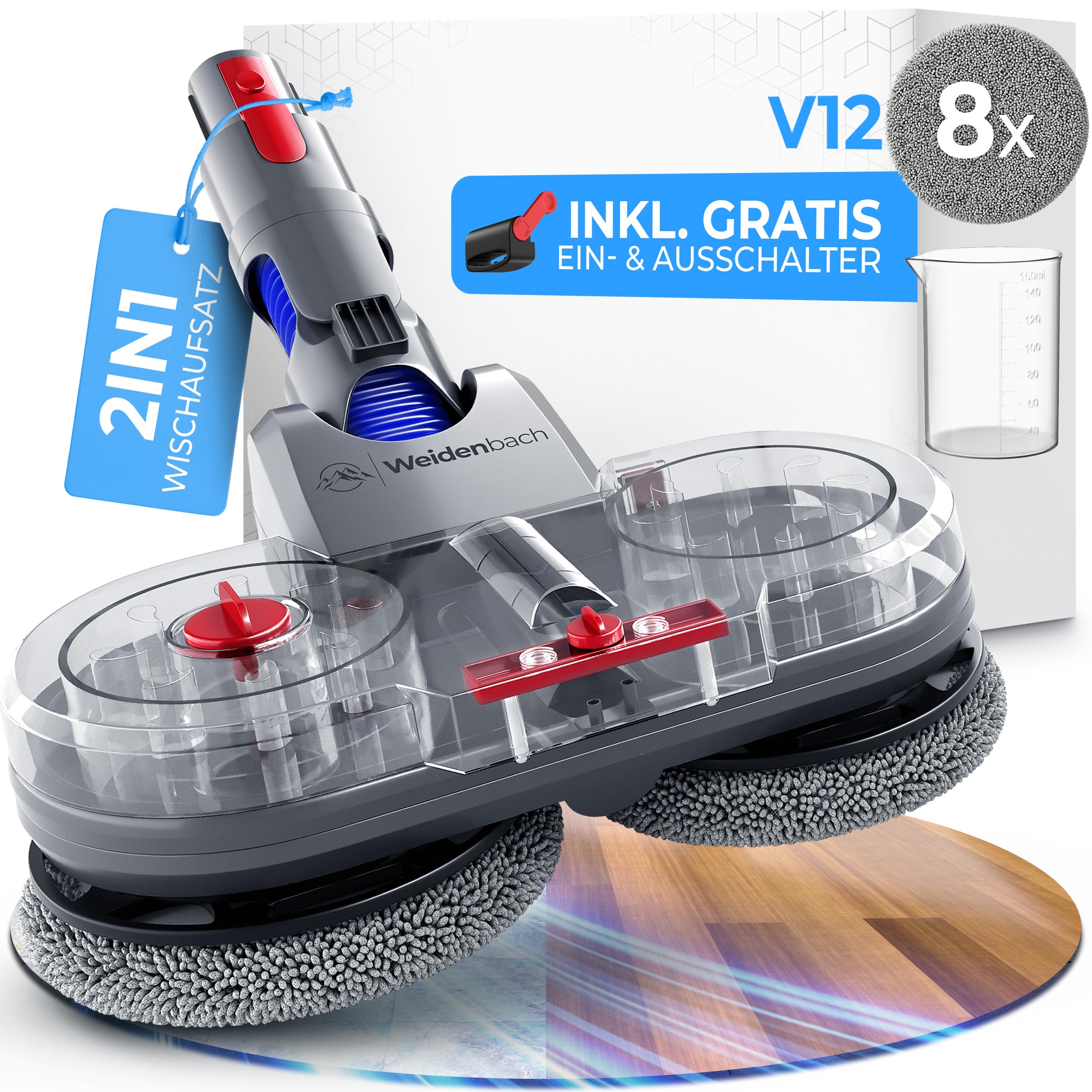 Testsieger - Wischaufsatz für Dyson V12 - elektrischer Staubsauger - Wischmop Aufsatz - Nass und Trockensauger - mit abnehmbarem Wassertank, Füllbehälter & 8 waschbaren Mops