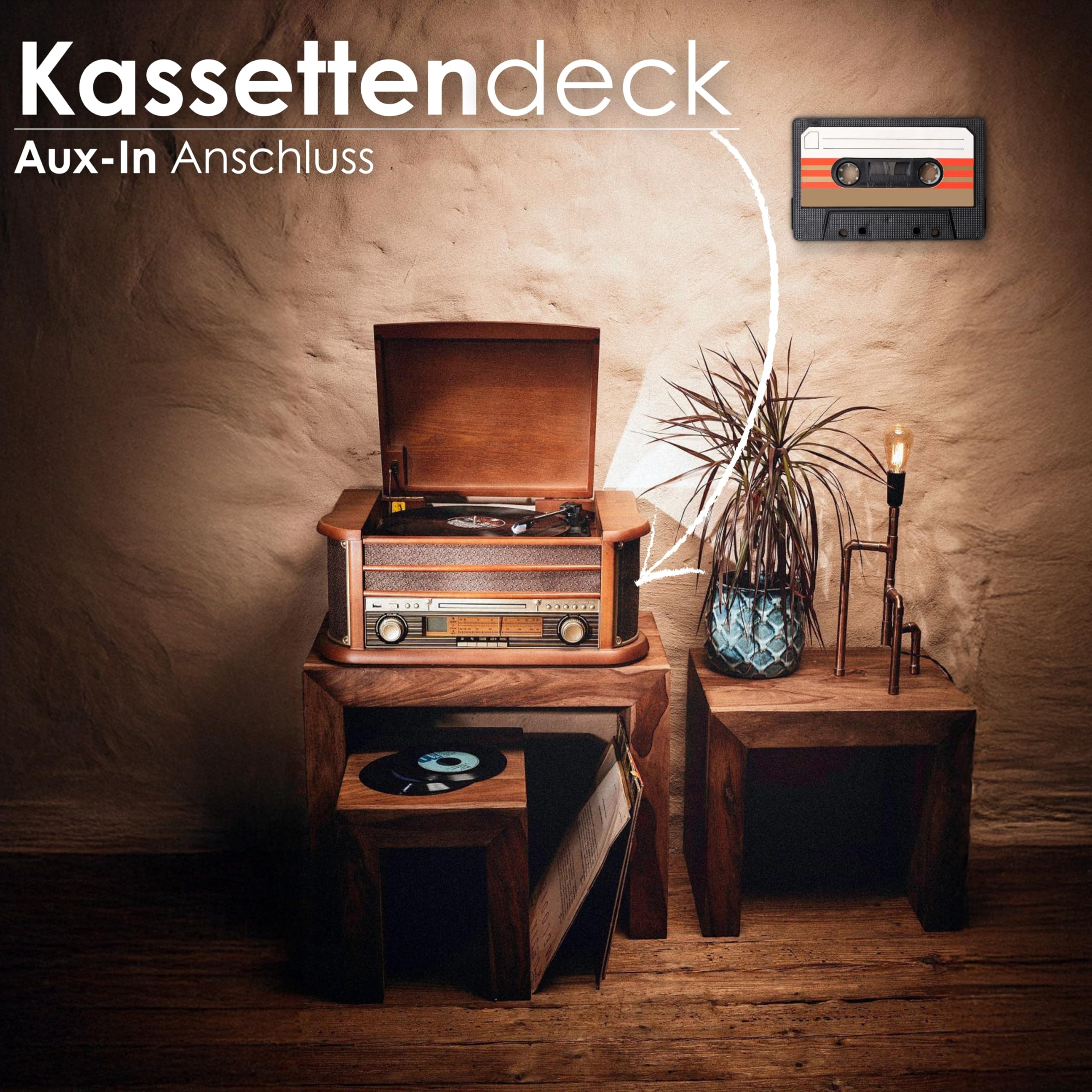 Nostalgiczny drewniany zestaw muzyczny | zestaw kompaktowy | Bluetooth | magnetofon kasetowy | retro zestaw stereo | odtwarzacz CD MP3 USB | pilot zdalnego sterowania | gramofon | radio | kodowanie MP3: Funkcja nagrywania AUX IN.
