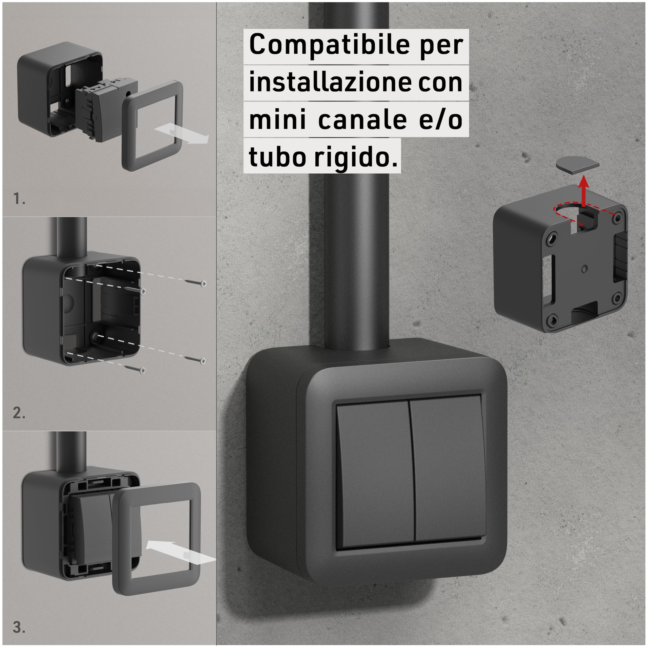 Electraline 60481 contenitore da superficie con doppio interruttore/deviatore FIXA, 10A, nero, IP40, compatibile per installazione con tubo rigido e canalina