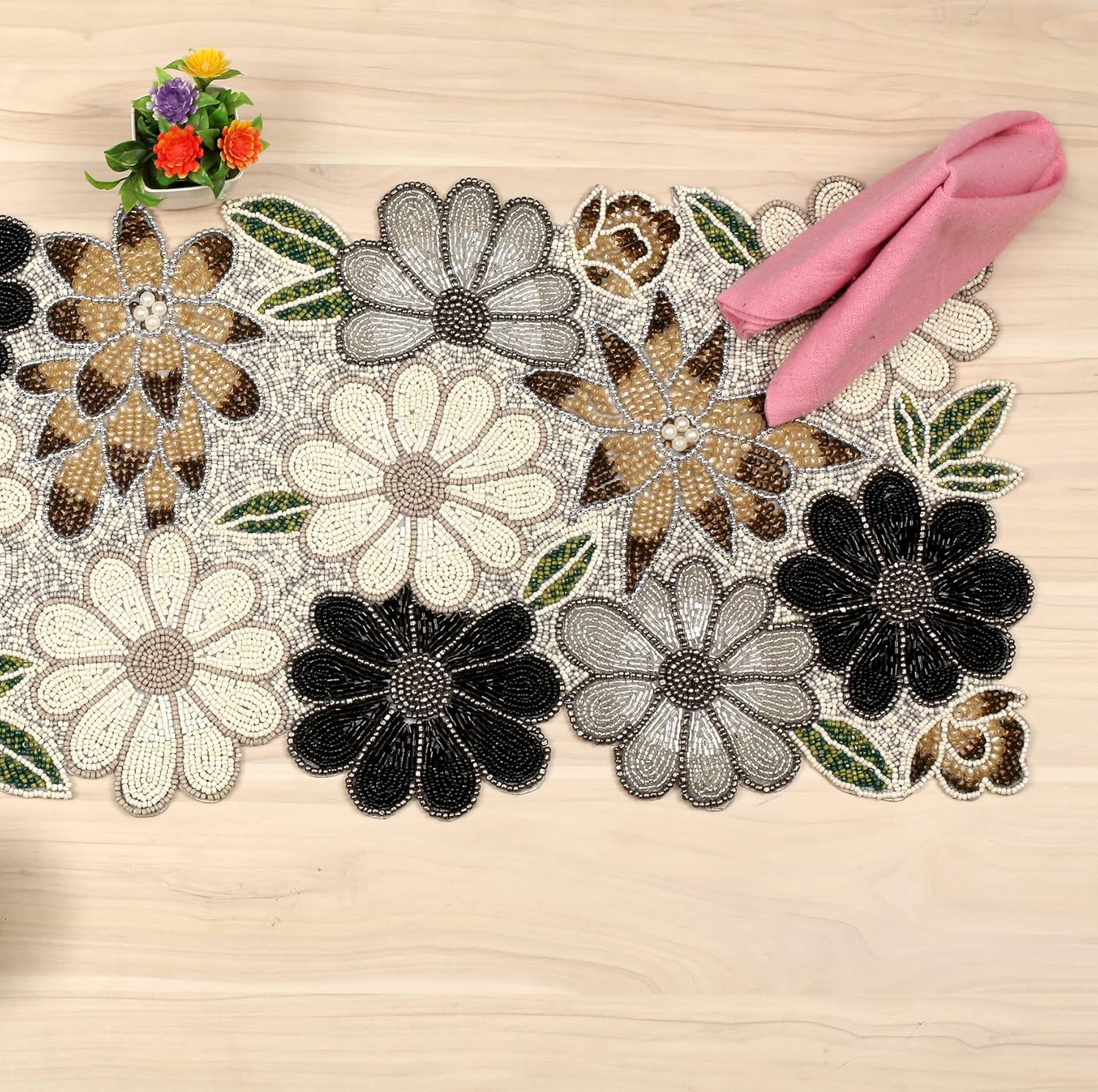 Lightnpro Floral Handmade Decorative Thanksgiving Christmas Beaded Table Runner - Perfect for Xmas Easter Fall Harvest Autumn Table Décor - Handmade by Skilled Artisans- 13x36 - Brown Combo