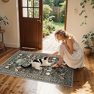 3x5 Living Room Area Rugs: Vintage Washable Non-Slip Rug for Bedroom Dining Room Soft Carpet for Nursery Kitchen Home Office Durable & Easy-Clean Design Perfect for Homes with Cats & Dogs(3x5,Green)