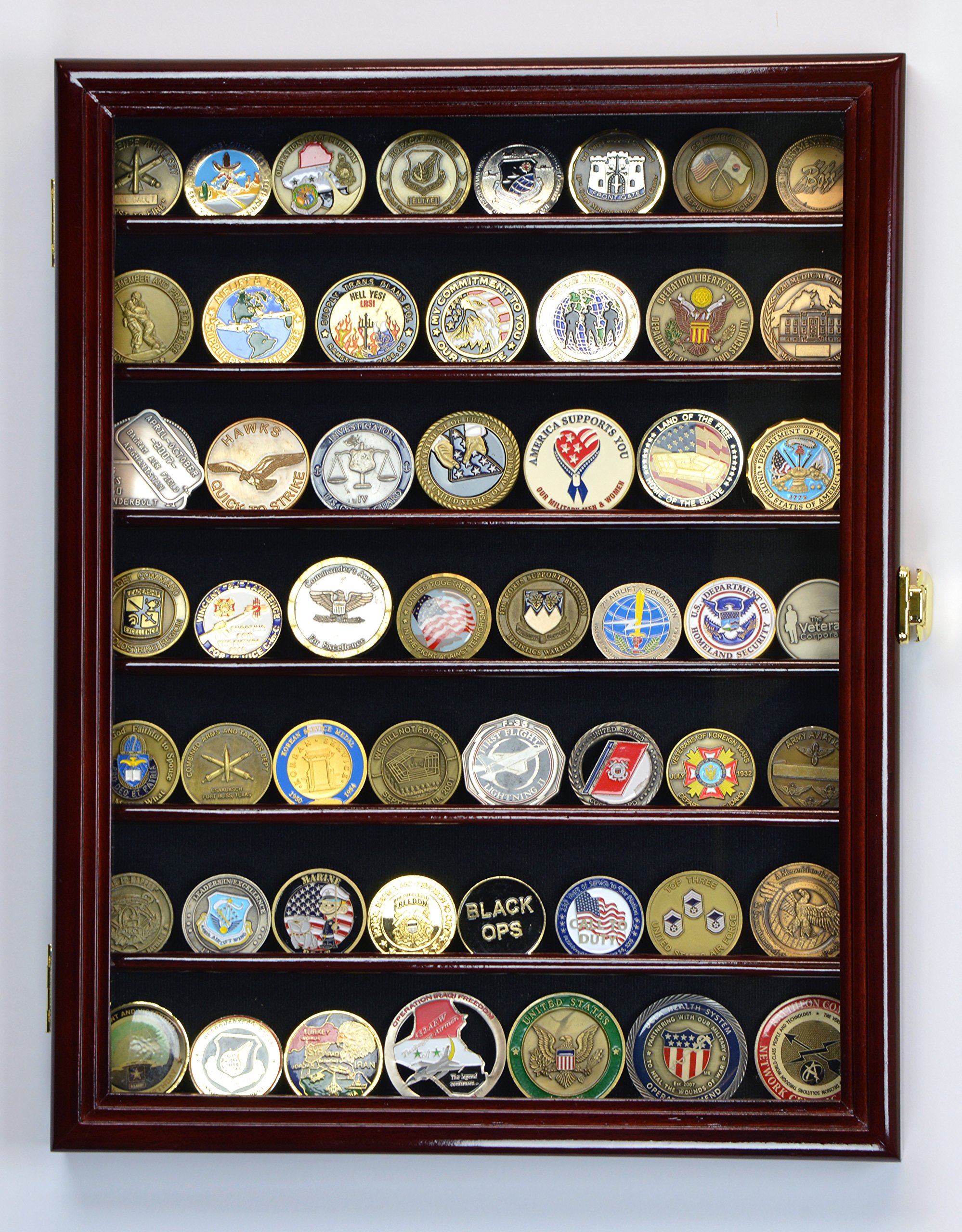 Military Challenge Coin Display Case Cabinet Holder Wall Rack 98% UV Lockable -Cherry