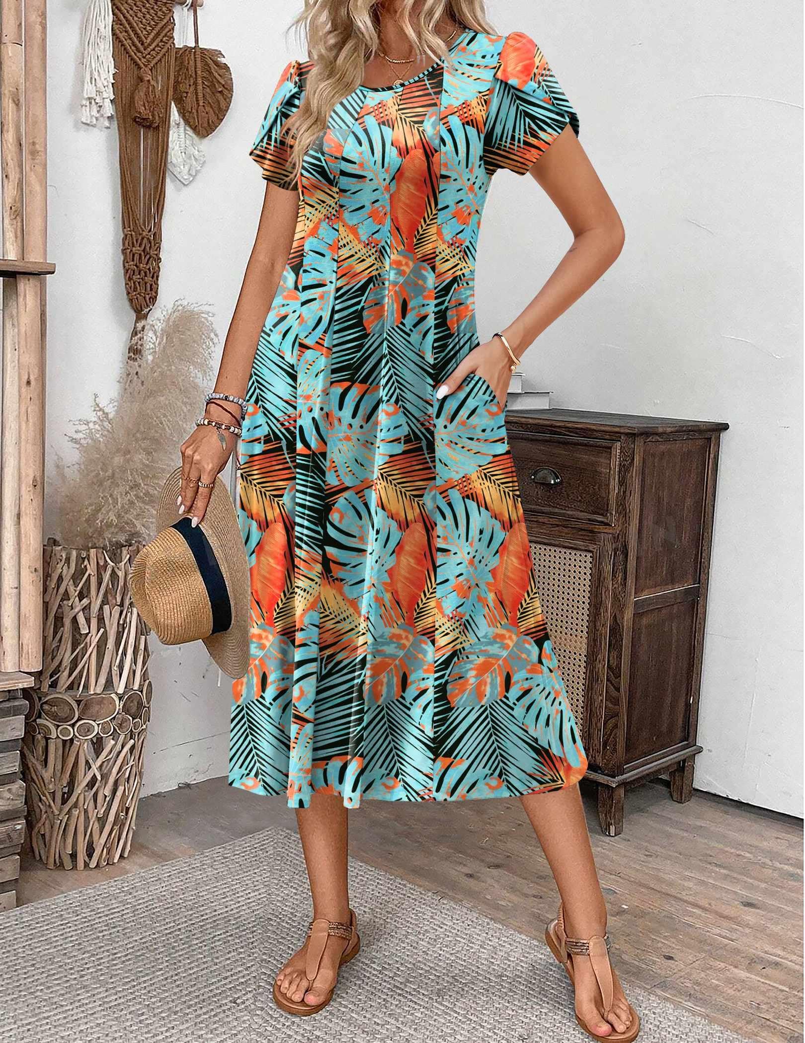 Zeagoo Vestidos casuales de verano para mujer, de manga corta, acampanado, vestido de playa suelto