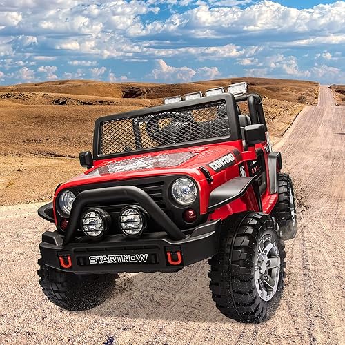 Miniatura 7 de HOMFAMILIA Camión de paseo para niños de 2 plazas, automóvil eléctrico de batería de 12 V para 2 niños, con suspensión de resorte, control remoto, 3