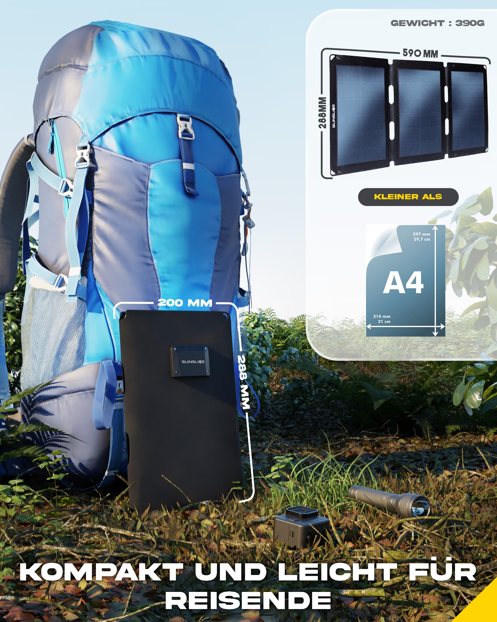Solar Charger Outdoor, Solarmodul flexibel, Solaranlage Camping, Solar Charger wasserdicht mit leistungsstarker 18W Ladekapazität, 2 x USB Anschluss, Black