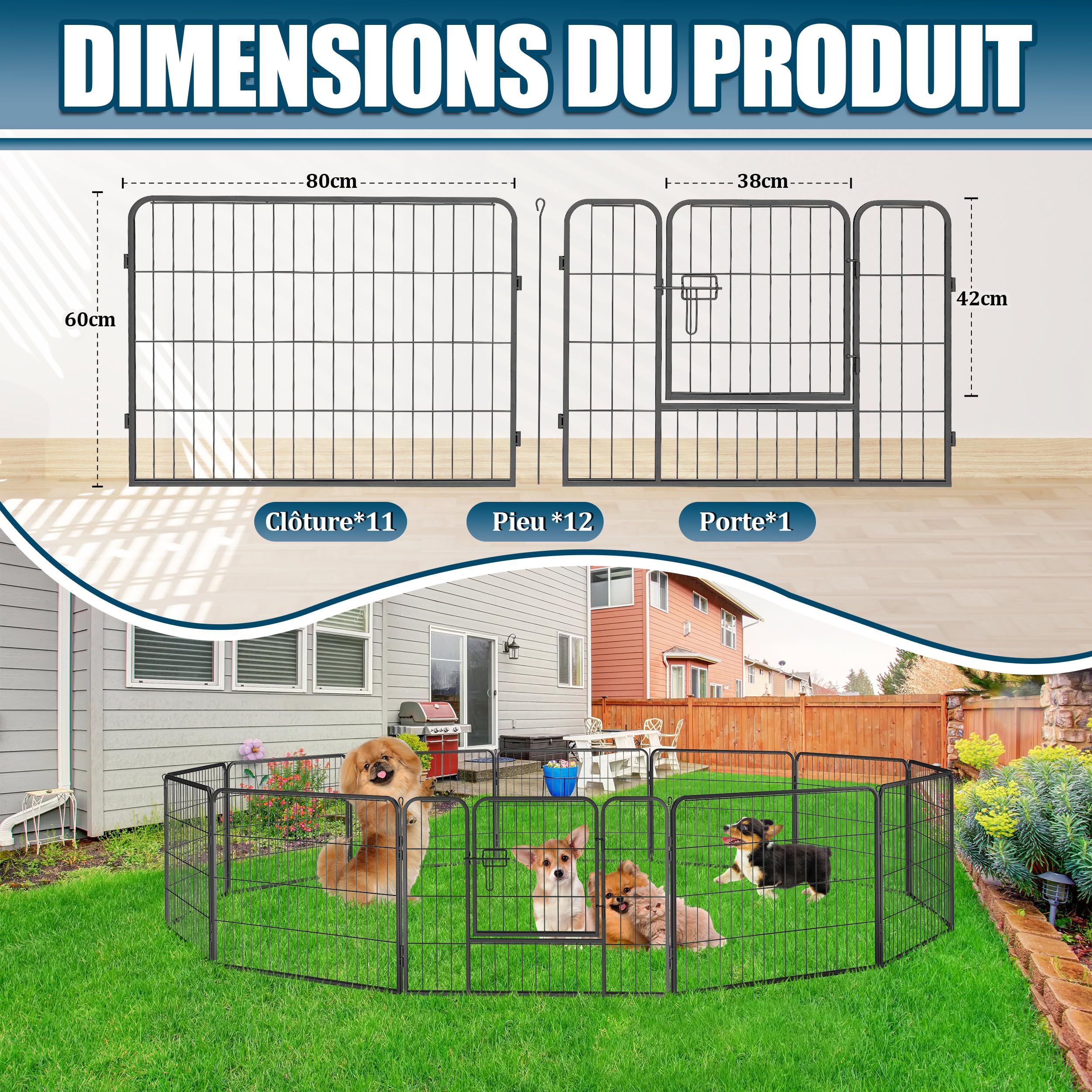 Valla para Perro 12 Piezas 60x80 Cm Parque Perros Exterior/Interior Corralito Perro Plegable Valla para Cachorros Vallas para Jardin Metalicas Negro