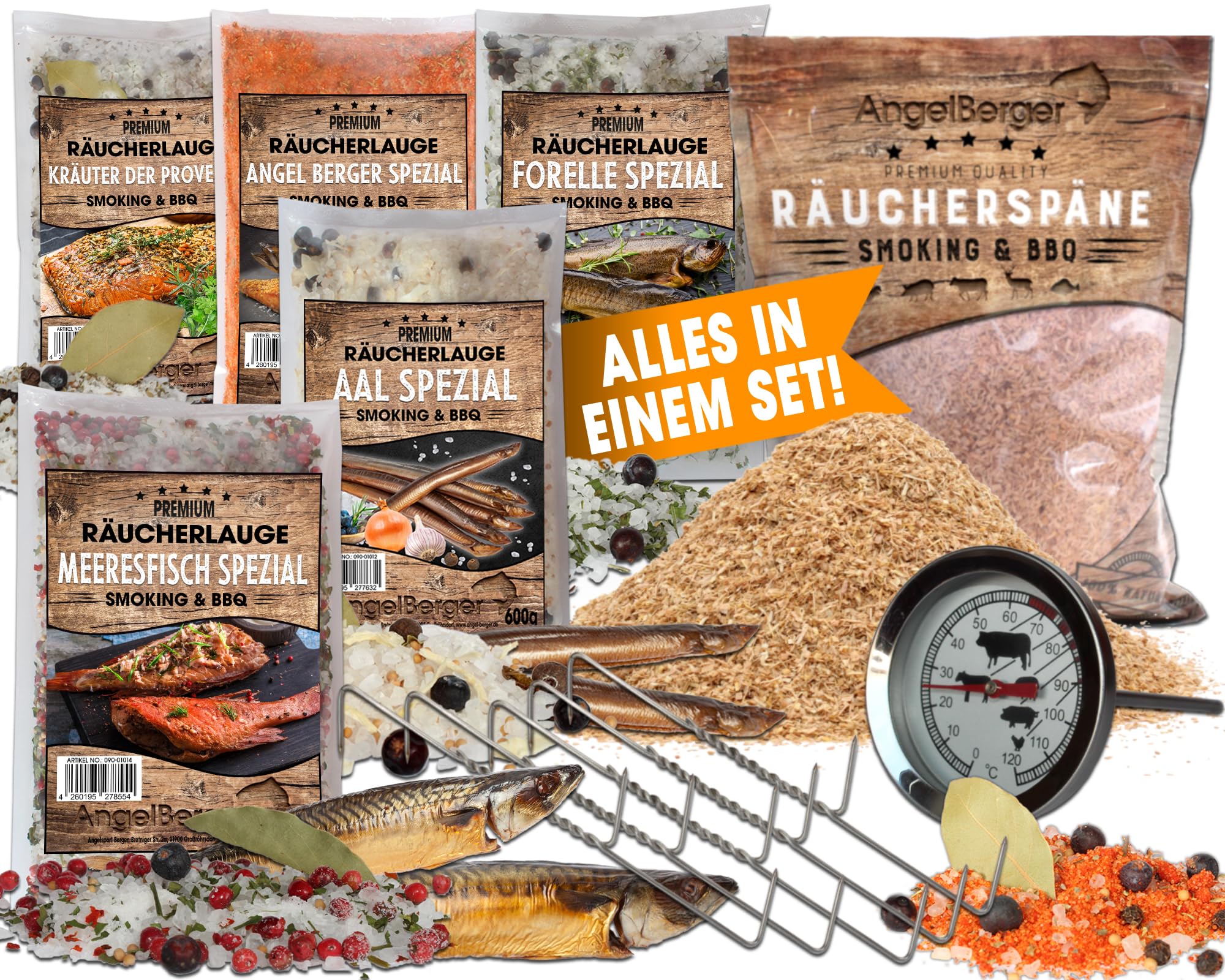 Angel-Berger Räucherset Räucherpaket Geschenk Räuchern Räucherlauge Räuchermehl Räucherhaken Räucherthermometer