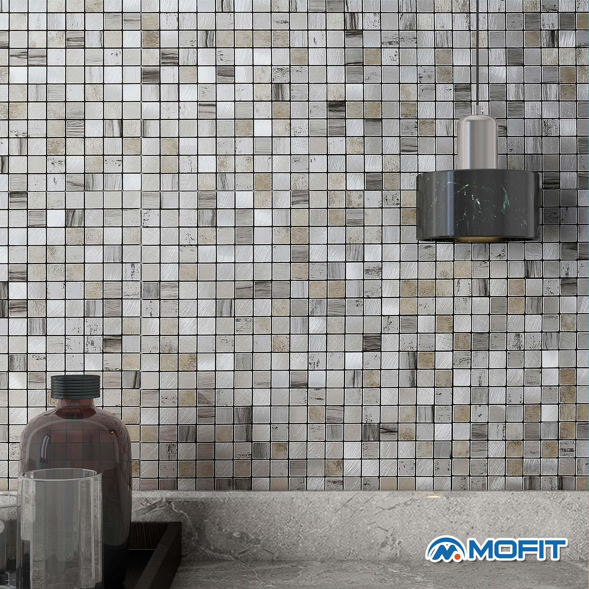 Mosaikfliesen Selbstklebend Küche 3D Wandfliesen Aufkleber Metallfliesen Quadratisch Grau 10 Stück