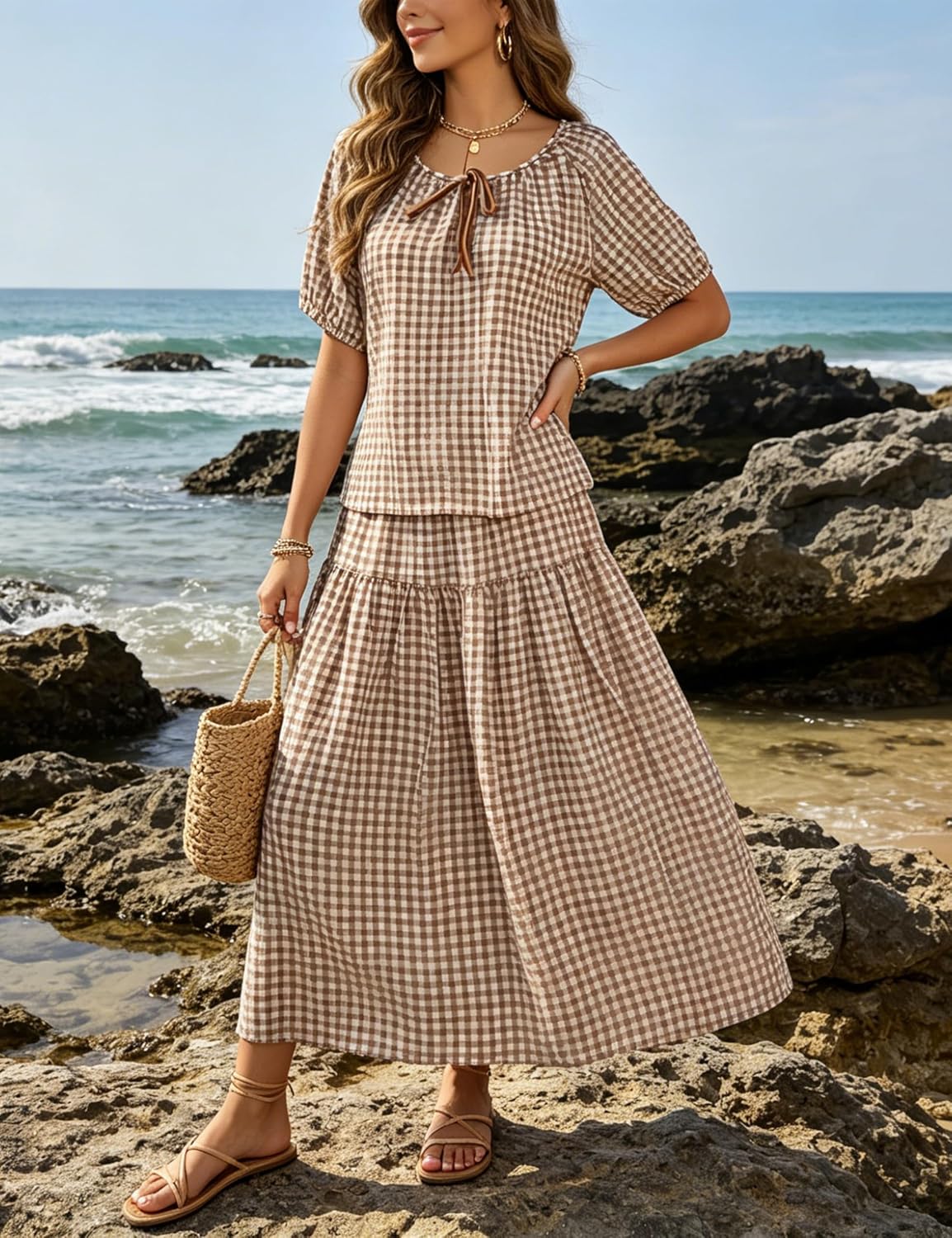 Womens Gingham 2 Piece Set Tie Front Puff Sleeve Midi Skirt