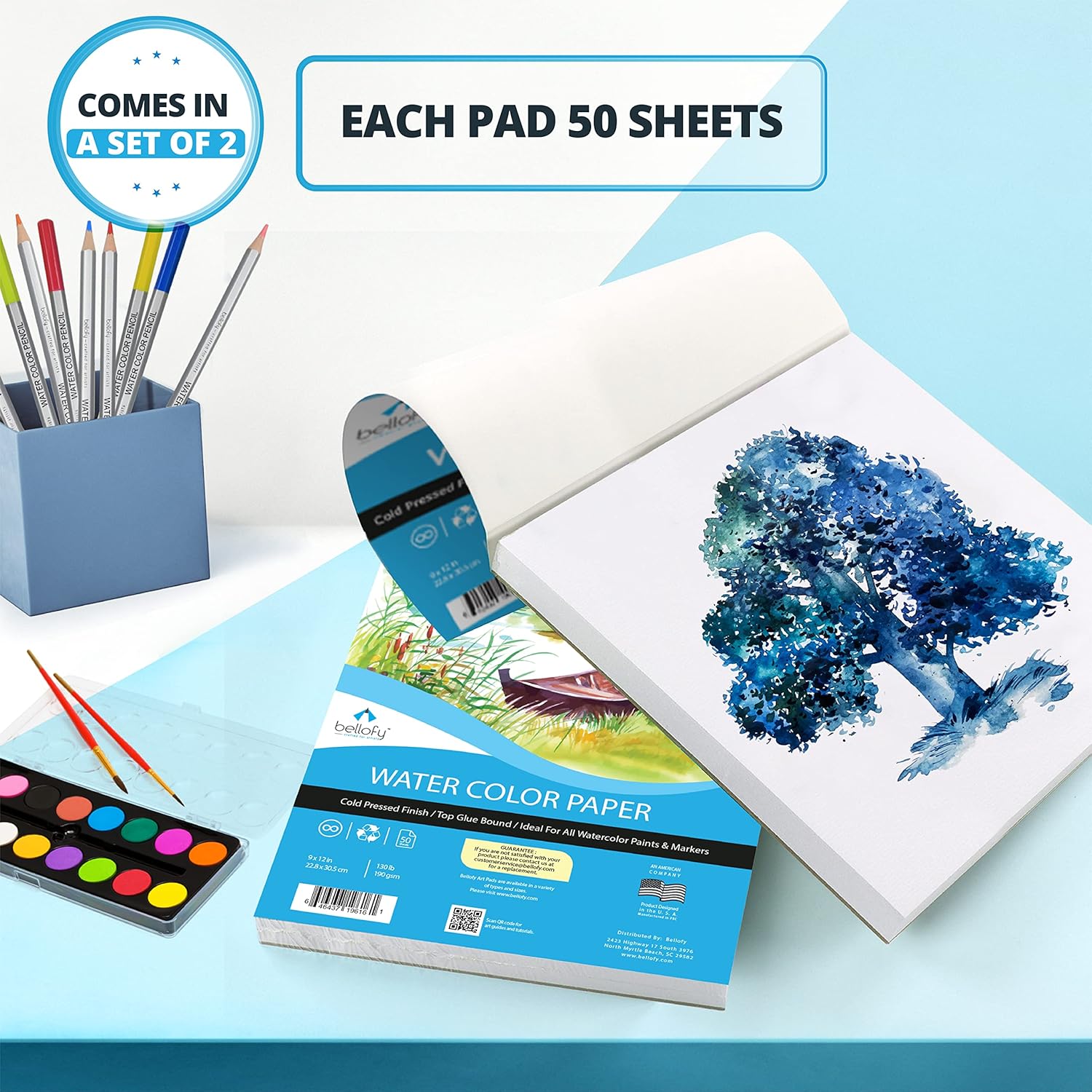 Bellofy 2X Watercolor Paper Pad, 100 Sheets, 9x12 Inches | Ideal for Kids, Artists & Beginners Love | Watercolor Sketchbook for Watercoloring Techniques | Great Gift Idea