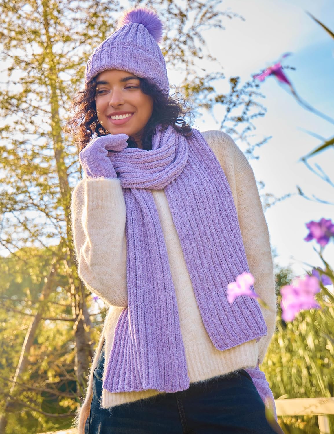 Womens Chenille Hat Gloves Scarf Set Winter Knit Touch Screen Gloves Warm Beanie with Gift Box - Image 3