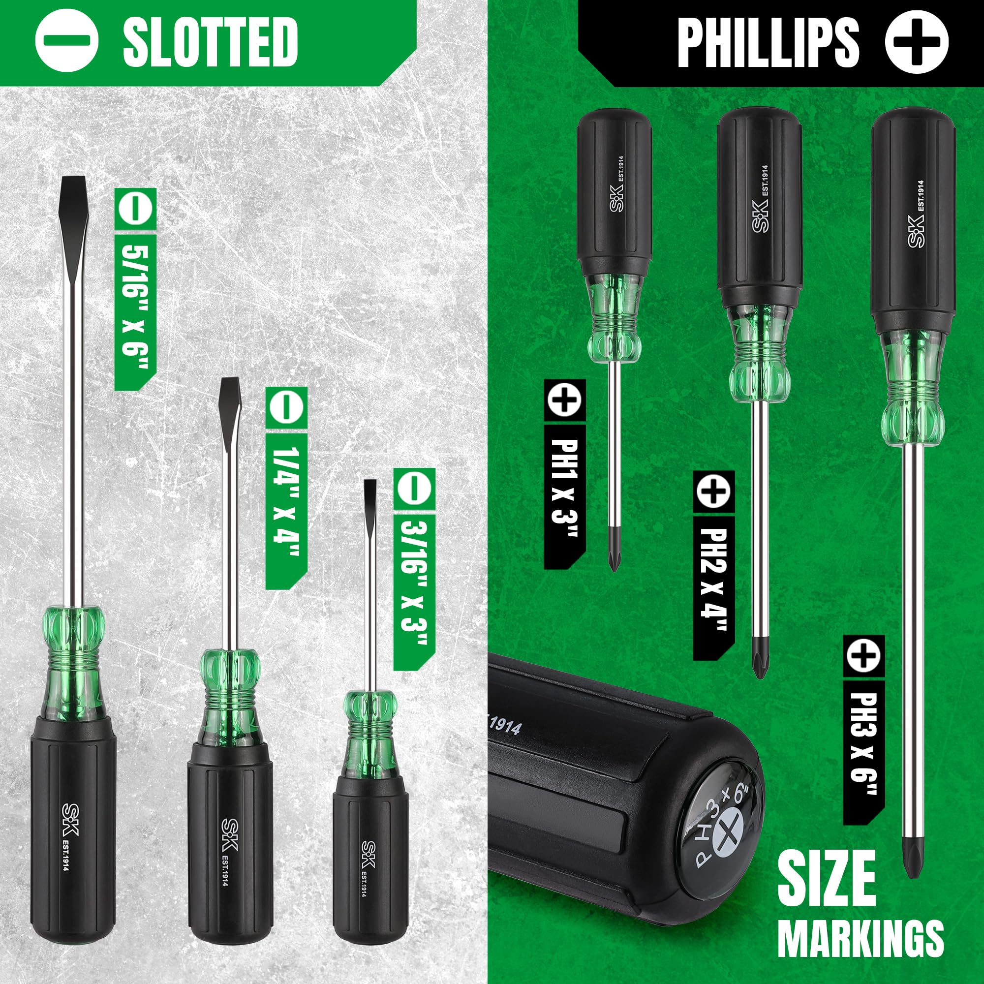 SK Juego de destornilladores magnéticos de 6 piezas, 3 destornilladores ranurados y 3 destornilladores Phillips | Acero S2, eje cromado tratado térmicamente, punta de fosfato negro, mango SureGrip