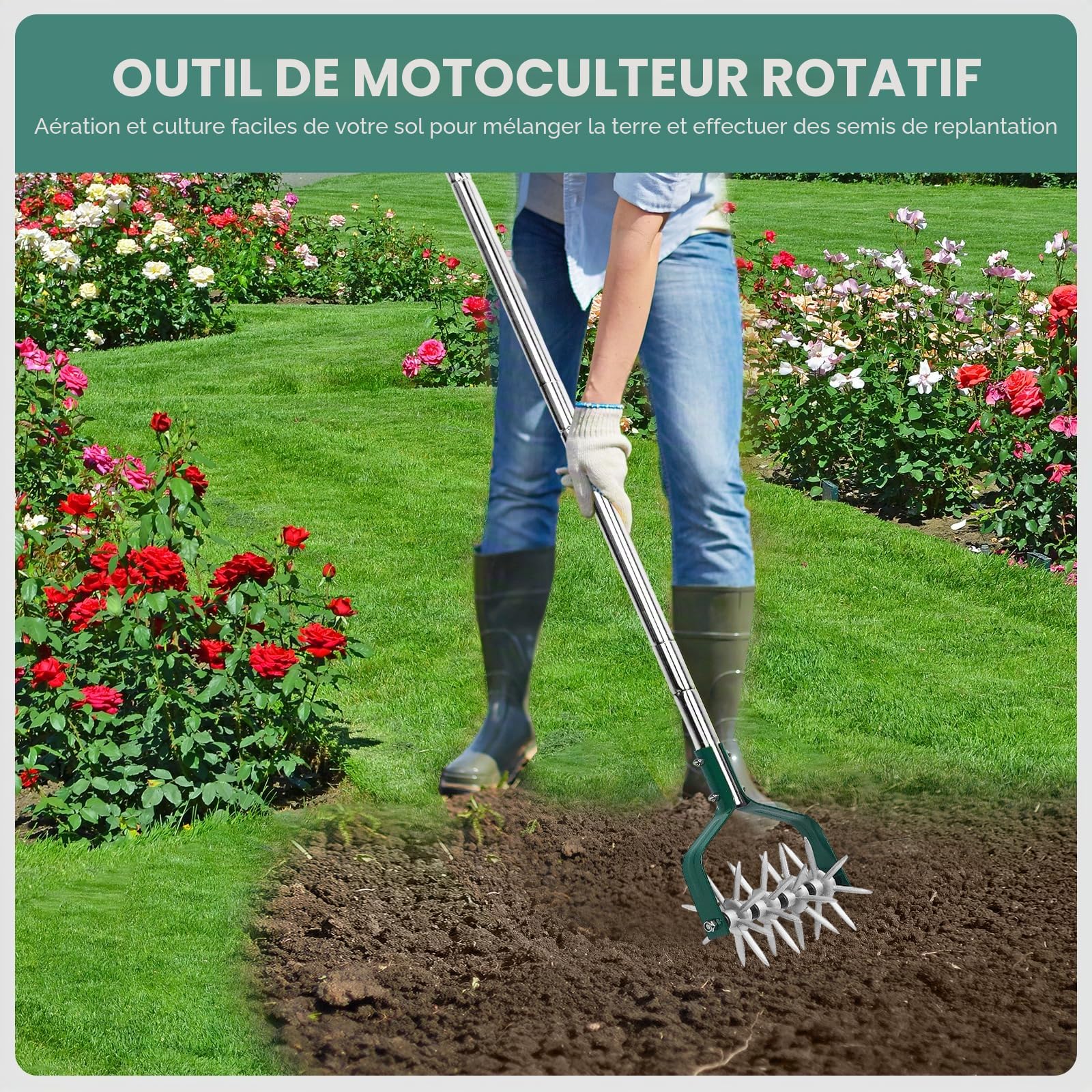 YEELOR Motoculteur de jardin avec manche réglable en acier inoxydable, motoculteur rotatif fin pour le relâchement du sol dans les petits jardins, l'aération de la pelouse, le mélange d'engrais et la