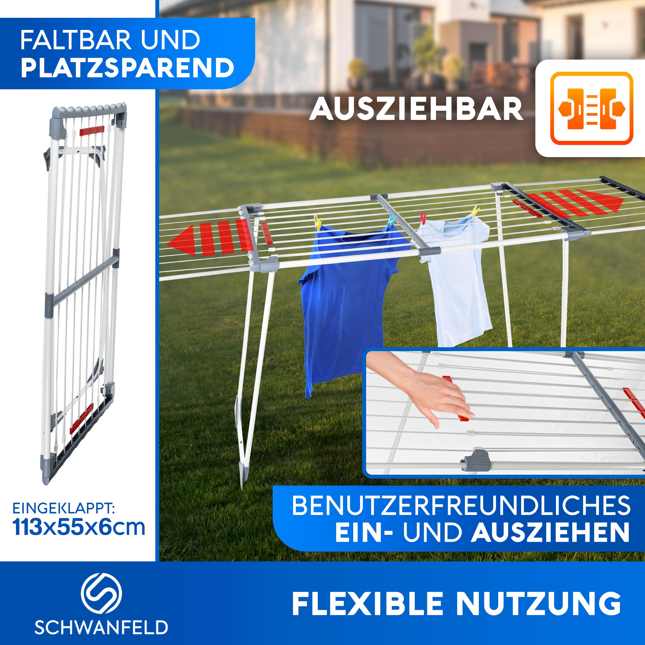 SCHWANFELD® Wäscheständer ausziehbar [20M TROCKENLÄNGE] - wäscheständer hoch - Premium Wäschetrockner Ständer - Faltbarer Wäsche Ständer XXL - ausziehbarer wäscheständer - Standtrockner rutschfest