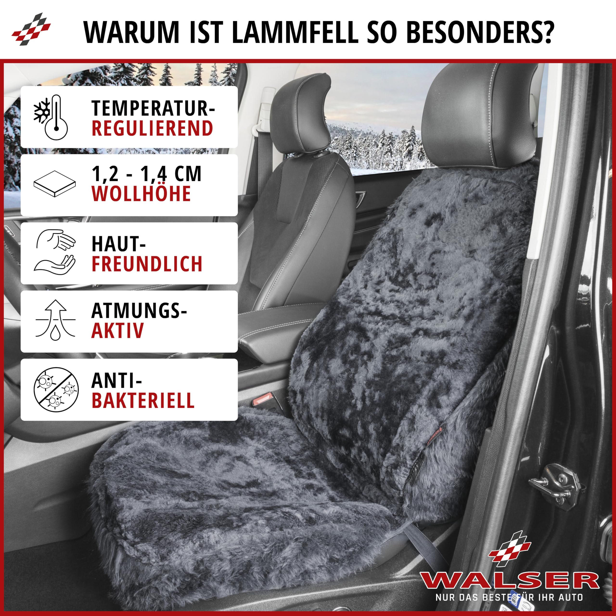 Walser Lammfell Sitzbezug für Auto Trish, Auszeichnung Sehr Gut* Lammfell Autositzbezug, Lamm Fell Sitzbezug, 1 Stück Fell Sitzbezüge Auto Vordersitze, weicher Fellbezug Autositz anthrazit