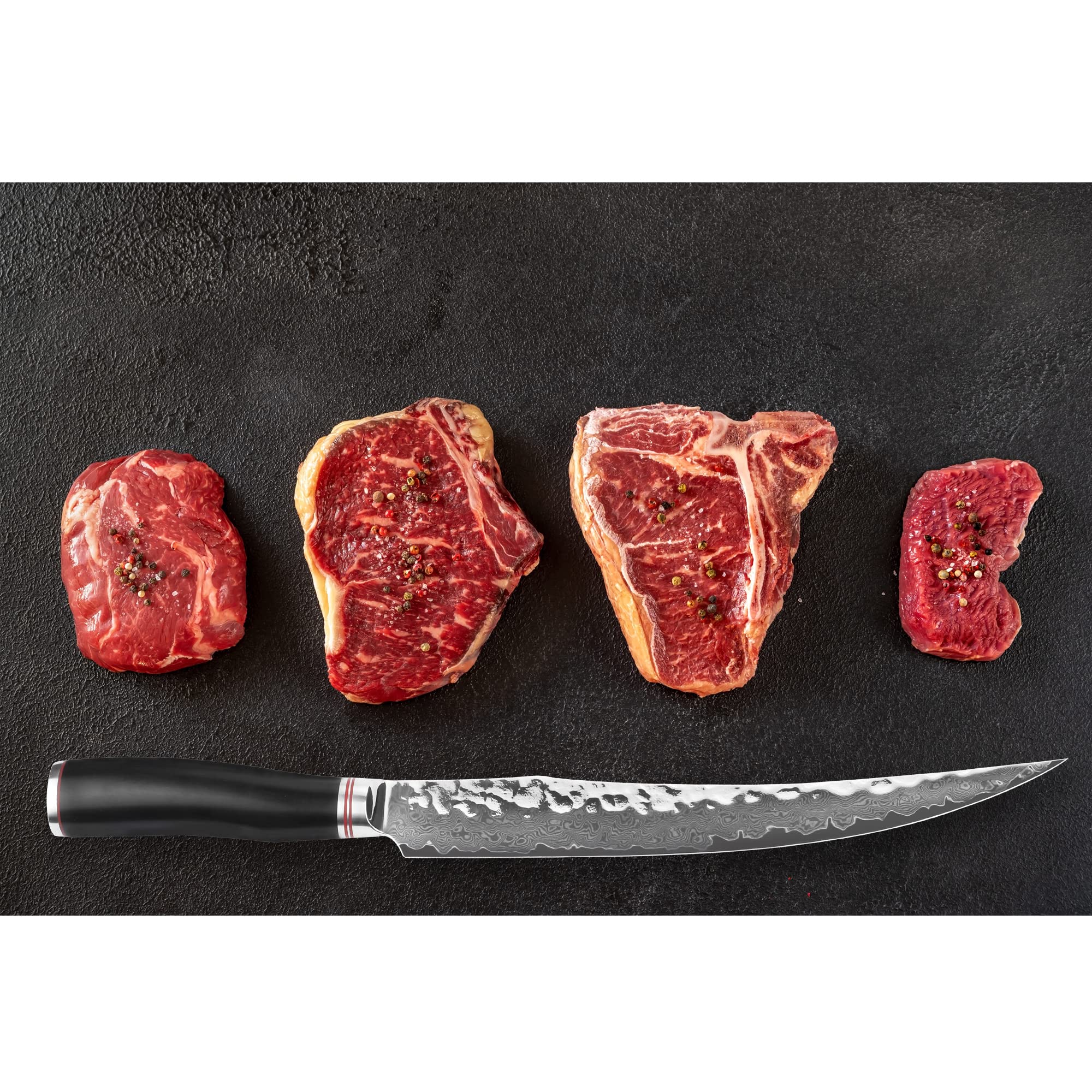 YOUSUNLONG Couteau à Trancher et à Découper 10" Trancheuse à jambon en acier martelé japonais Damas Lame de rasoir - Manche en ébène naturel avec fourreau en cuir