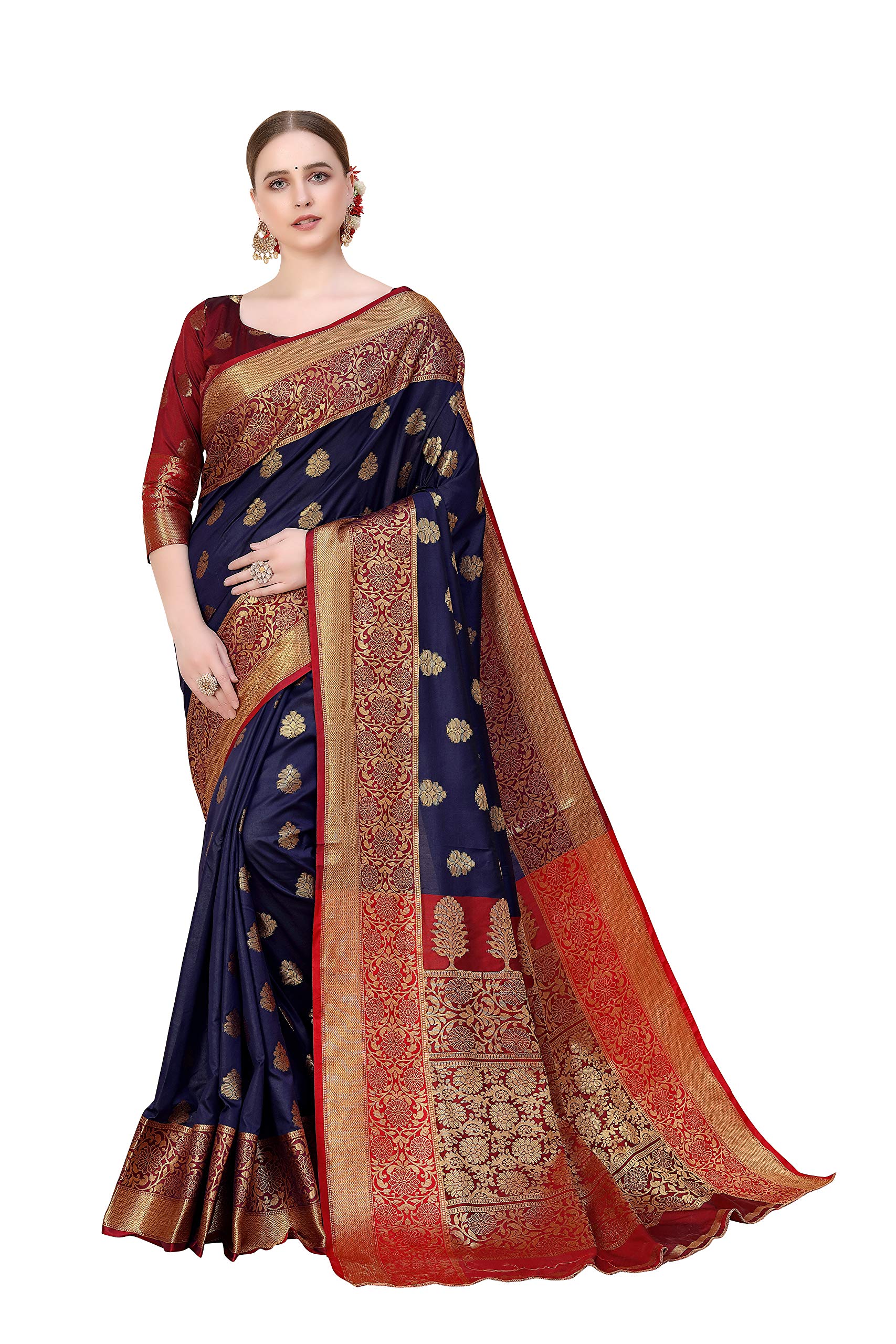Amazon Brand - AnarvaWomen's Kanchipuram Silk Blend Saree With blouse piece