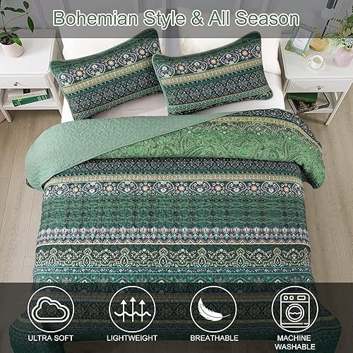 Miniatura 4 de WONGS BEDDING Colcha bohemia tamaño King, edredón bohemio verde King, colcha de microfibra ligera para decoración de cama para todas las estaciones,