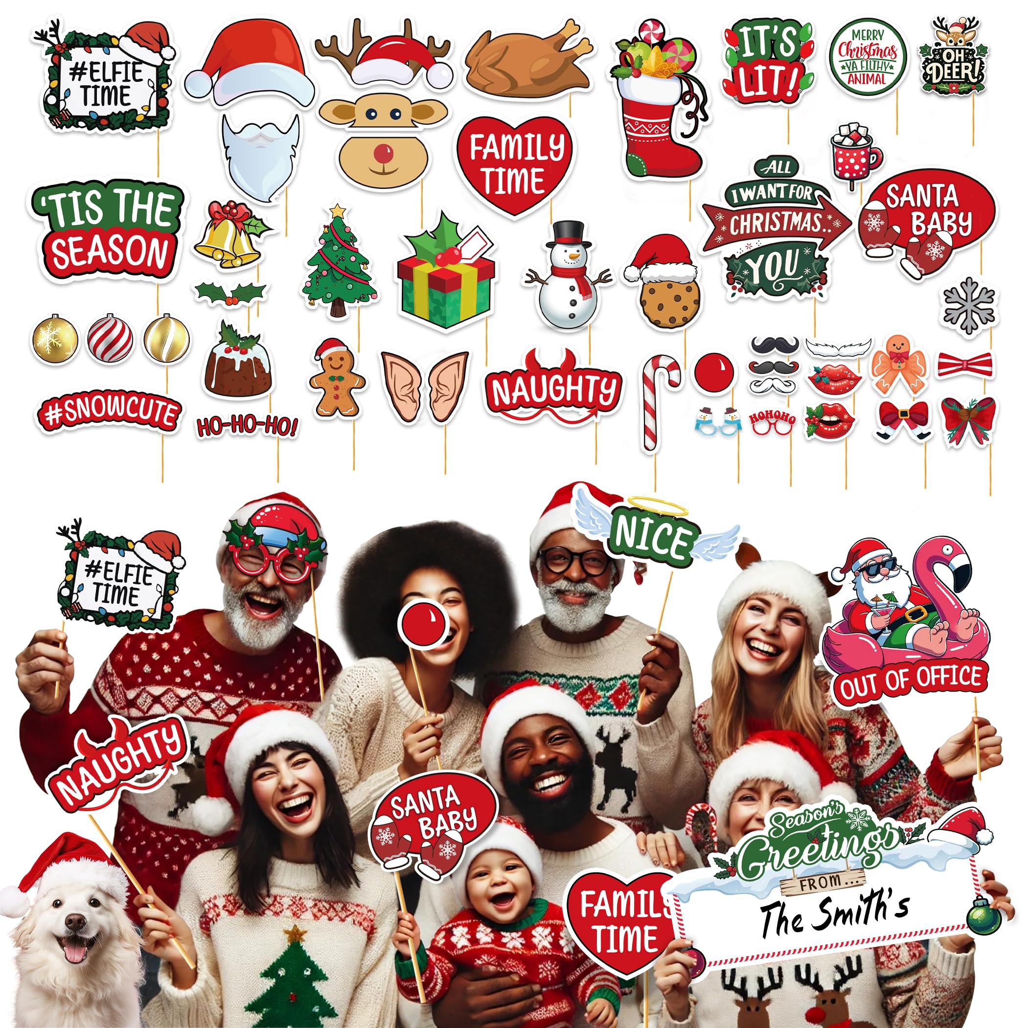 Deluxe 80Pcs Christmas Photo Booth Props Set - NO DIY - Pre-Assembled, Large, & Premium Quality for Festive Family & Company Holiday Parties - Xmas Party Props - Christmas Decorations