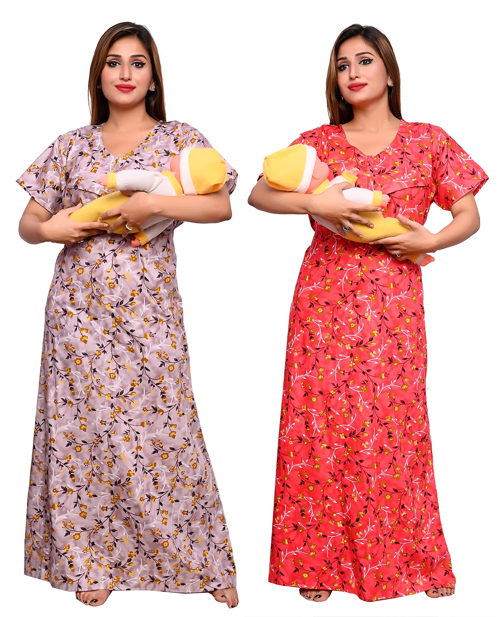 Feeding Nighty Combo of 2 Pieces in Pure Cotton with 3 zips, First Zip on Neck for Comfortable Wearing & Other 2 zips on Front for Feeding Purpose Maternity Nighty Cotton Feeding Nighty Combo-image-35