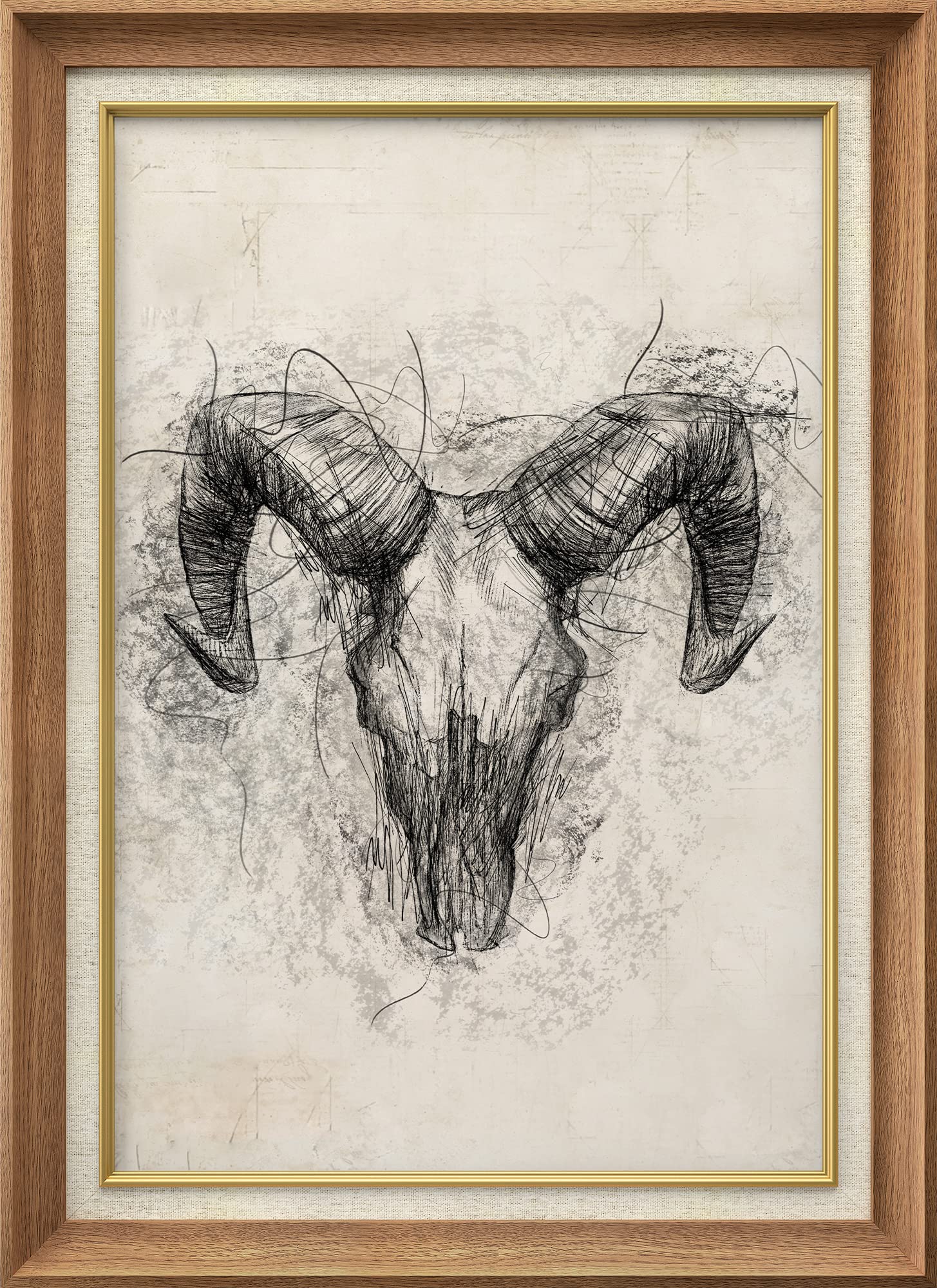 SIGNWIN Premium Frame Art Vintage Retro Ram Skull Skeleton Portrait Animals Wilderness Illustrations Fine Art Wildlife Relax/Calm Sepia Duotone for