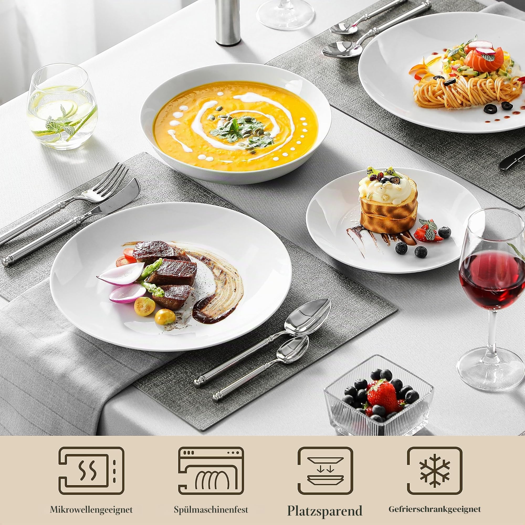 MALACASA Geschirrset 6-12 Personen, Amelia 18-tlg Modernes Porzellan Geschirr Set, Tafelservice mit je 6 Speiseteller, Dessertteller, Suppenteller Teller Set 6 Personen - Weiß