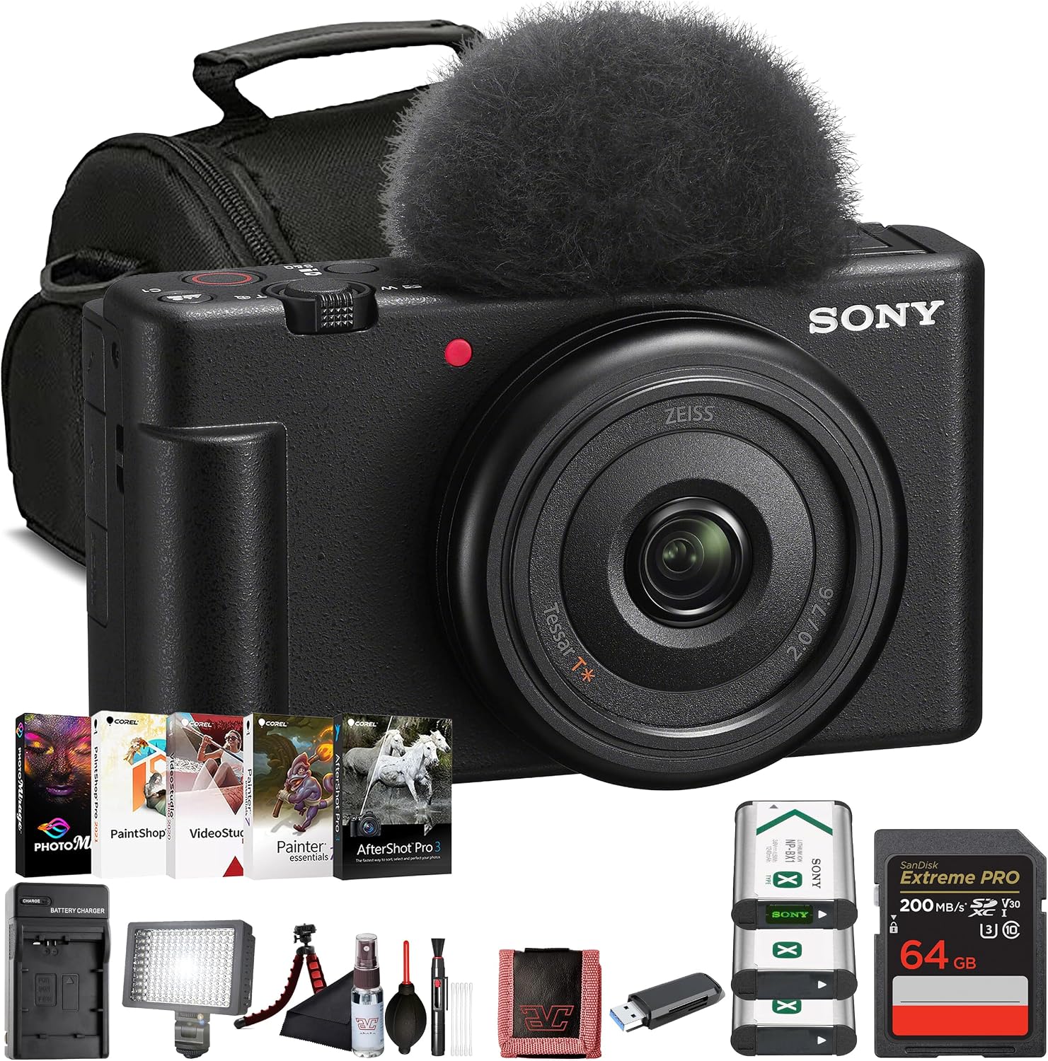 ZV-1F Camera with 20mm Lens & Card Reader (Black) Bundle | For Photography & Video | Vlogging | 4K Video | HDMI + 64GB Memory Card + HDMI Cable + Case + Photo Software + Battery