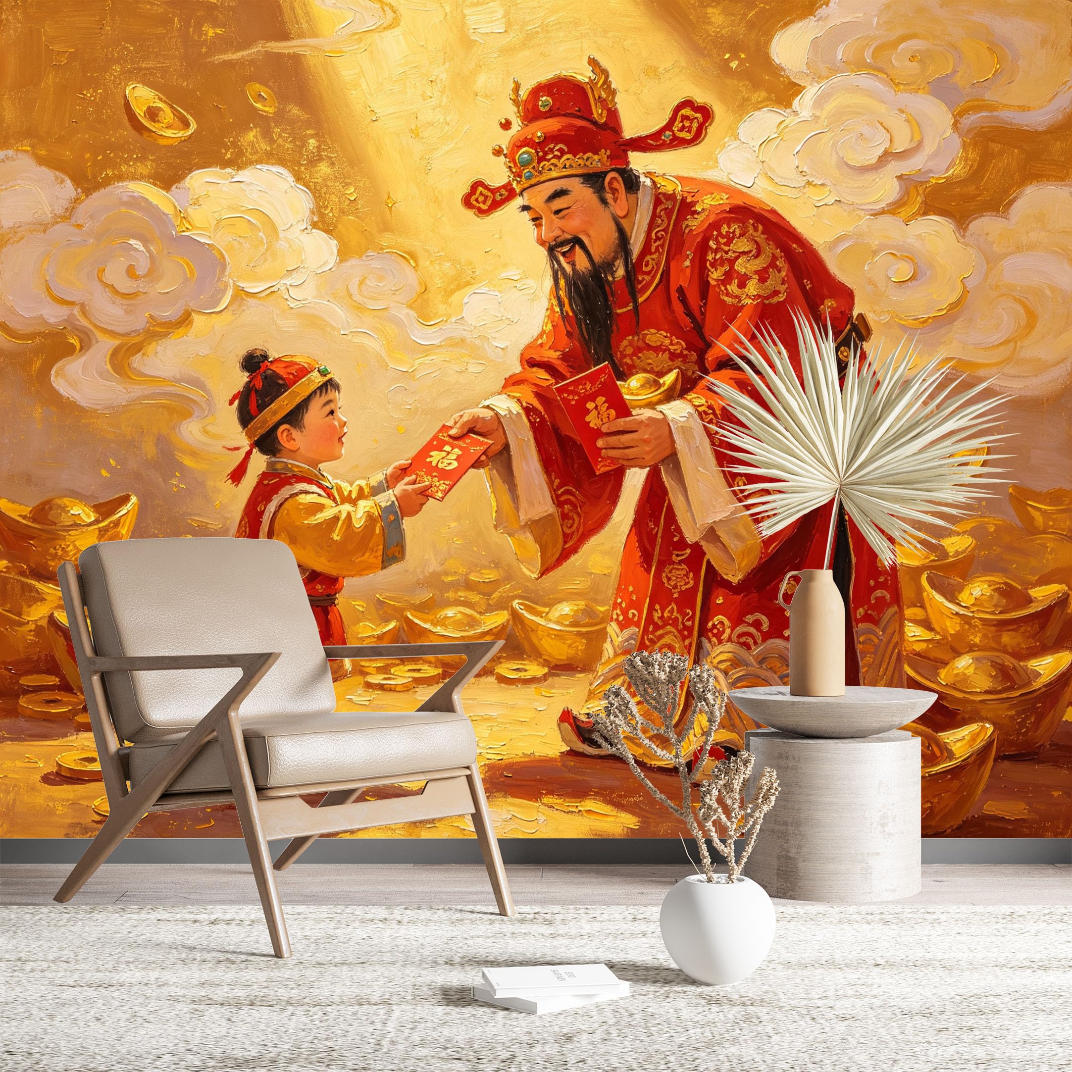 Custom Size Wall Murals God of Wealth with Red Envelope Wall Murals Festival Wallpaper Wall Covering Fabric Self-Adhesive Removable Wallpaper for Living Room