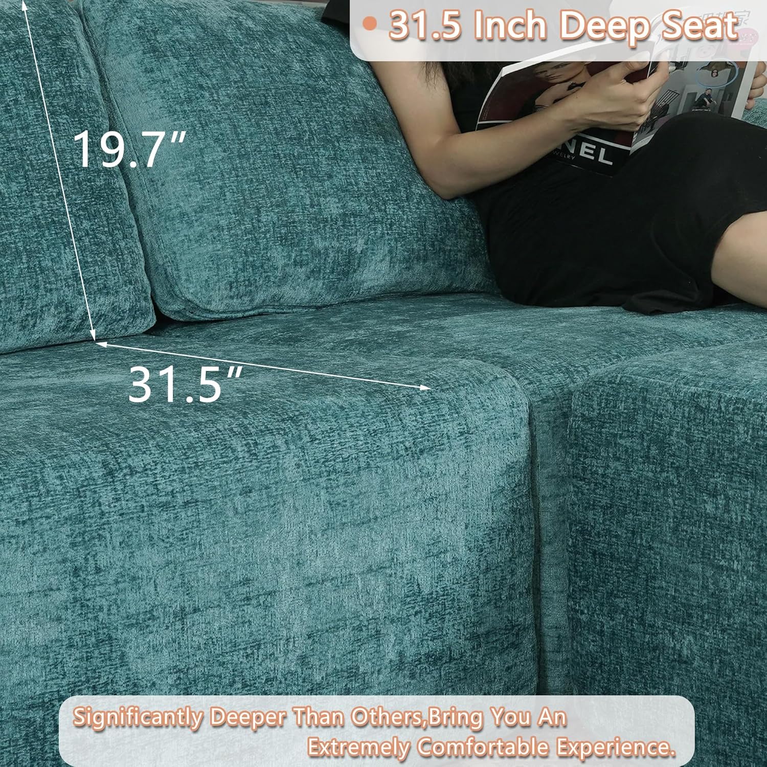 EASE MOOSE Sectional Couch for Living Room, Boneless Cloud Sofa for Small Spaces, Chenille Modular Cloud Couch Loveseat, 2-Seat Deep Seat Sofas with Pillow, No Assembly, Blue