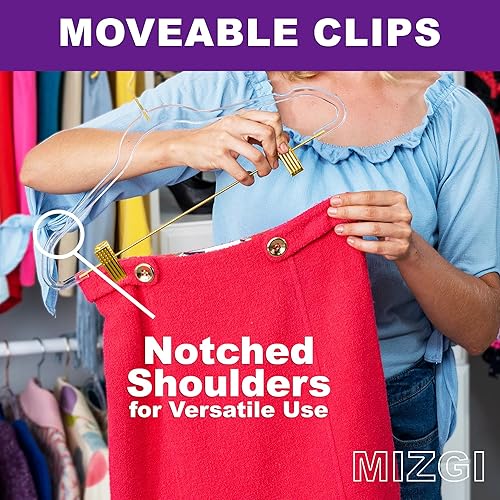 Miniatura 3 de MIZGI Perchas delgadas para pantalones y faldas de oro transparente (paquete de 20)  Clips y ganchos ajustables, transparentes sin fieltro, ahorro