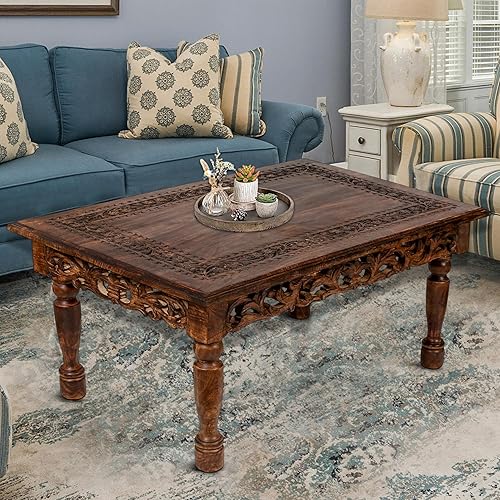 Miniatura 6 de Mesa de café rectangular de madera con talla Jali, mesa de café estilo granja, mesa rústica central, estilo de mediados de siglo, muebles rústicos y