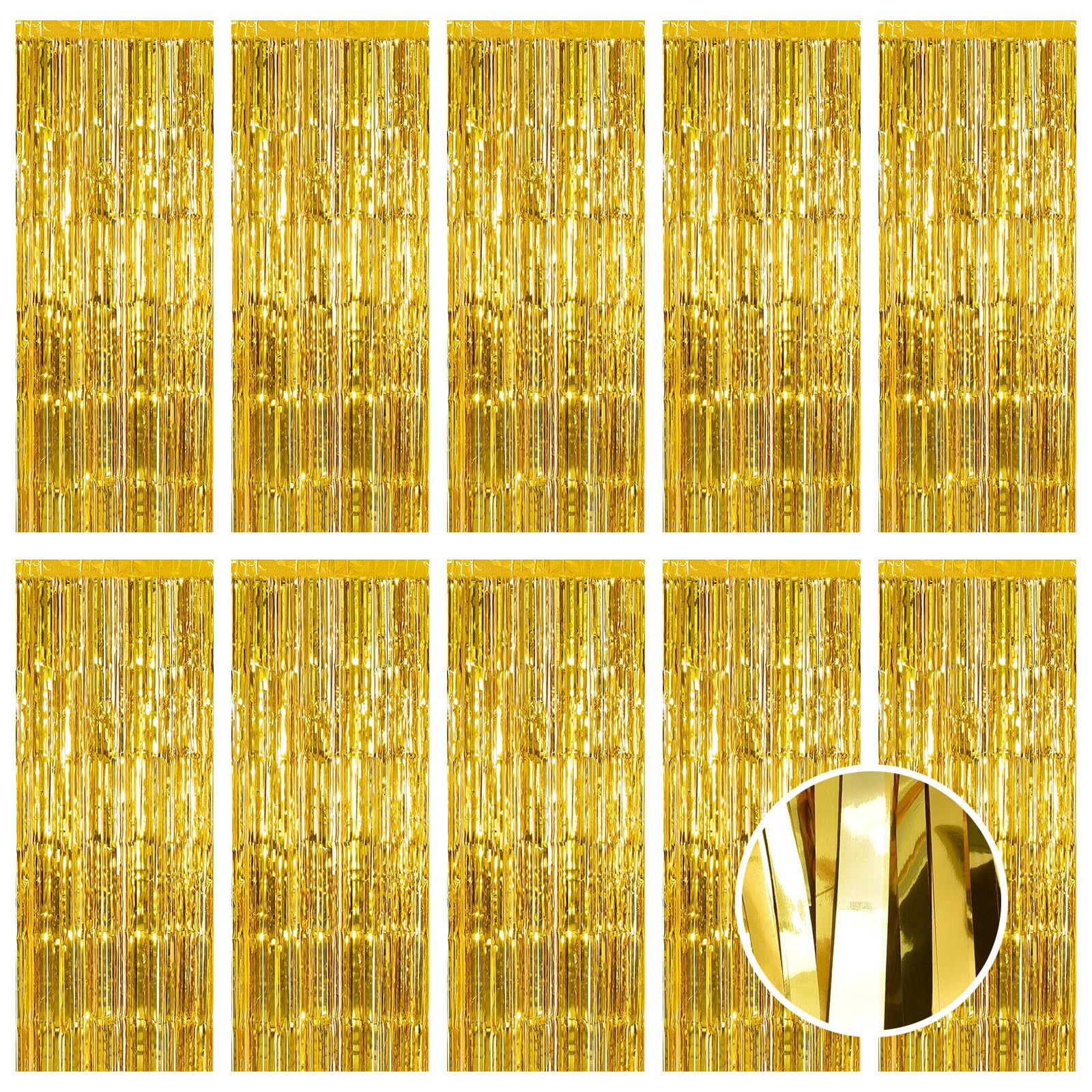 Ohiyoo 10 Pack 3.2ft x 9.8ft Gold Tinsel Curtain Foil Fringe Curtain Party Backdrop Tinsel Streamers Photo Booth Background for Birthday Party Holiday Decor, Gold