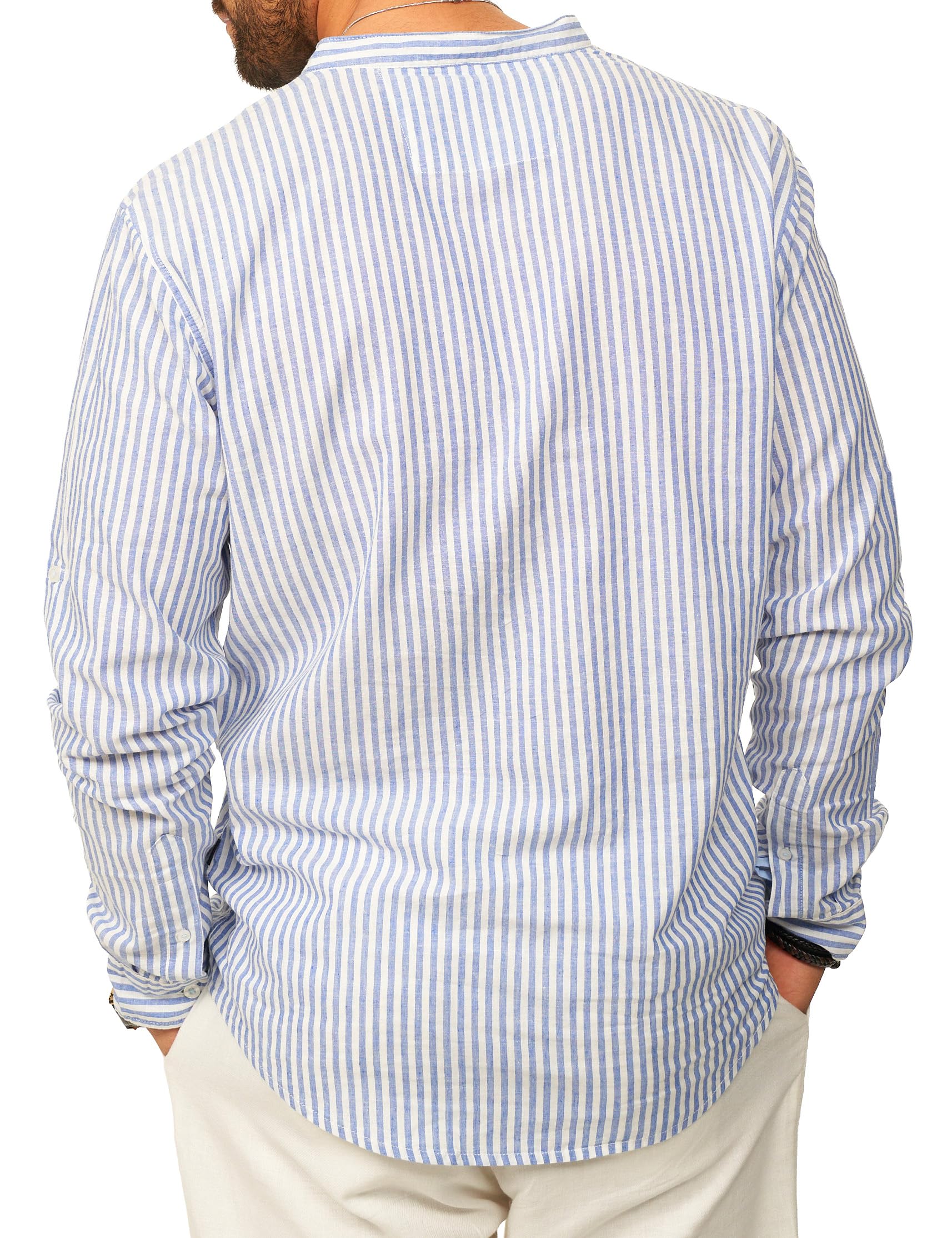 behype. Herren Leinenhemd als Langarmhemd Gestreift - Freizeithemd im Regular-Fit mit Henley Stehkragen Sommerhemd - Strandhemd im Sommer-Look für Männer