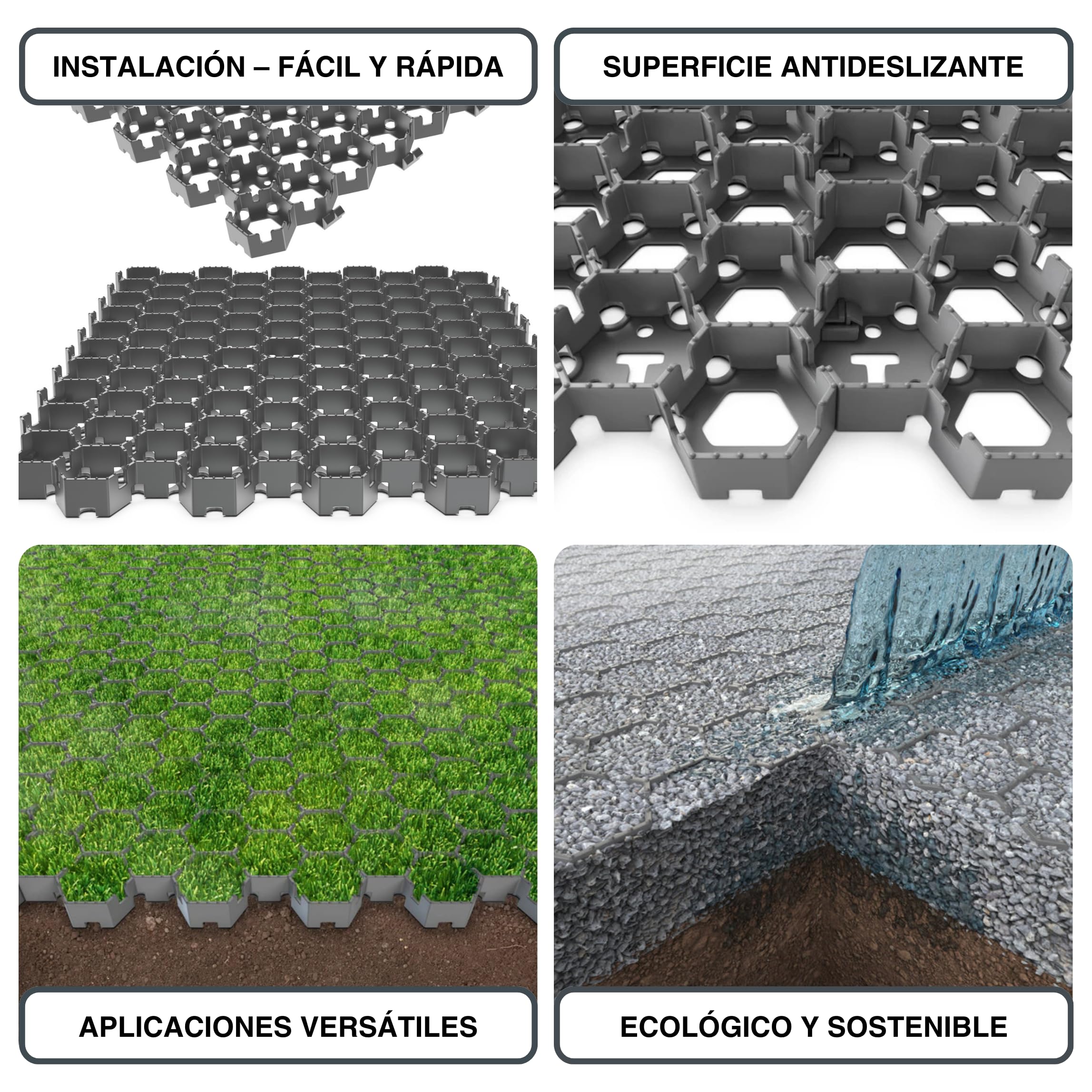 Vodaland HEXpave – Pavimento Permeable-Estabilizador de grava color gris - de 3 cm de Altura – hasta 12,000 kg – Ideal para Patios, Caminos, Bases de Cobertizos, Uso Vehículos Ligeros (pack de 5,85m2)