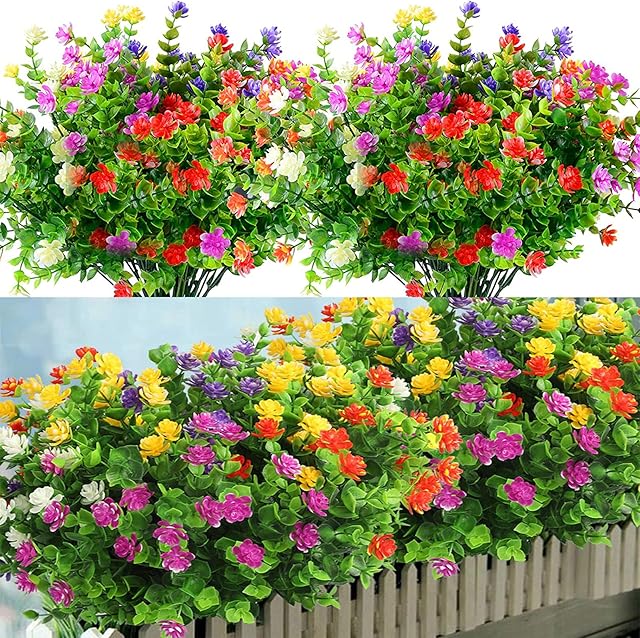 12 Bundles Artificial Flowers for Decoration, 6 Colors UV Resistant Fake Flowers Bouquet Outdoor Indoor, Plastic Shrubs Plants for Hanging Home Garden Porch Window Wedding Party DecorMulticolor