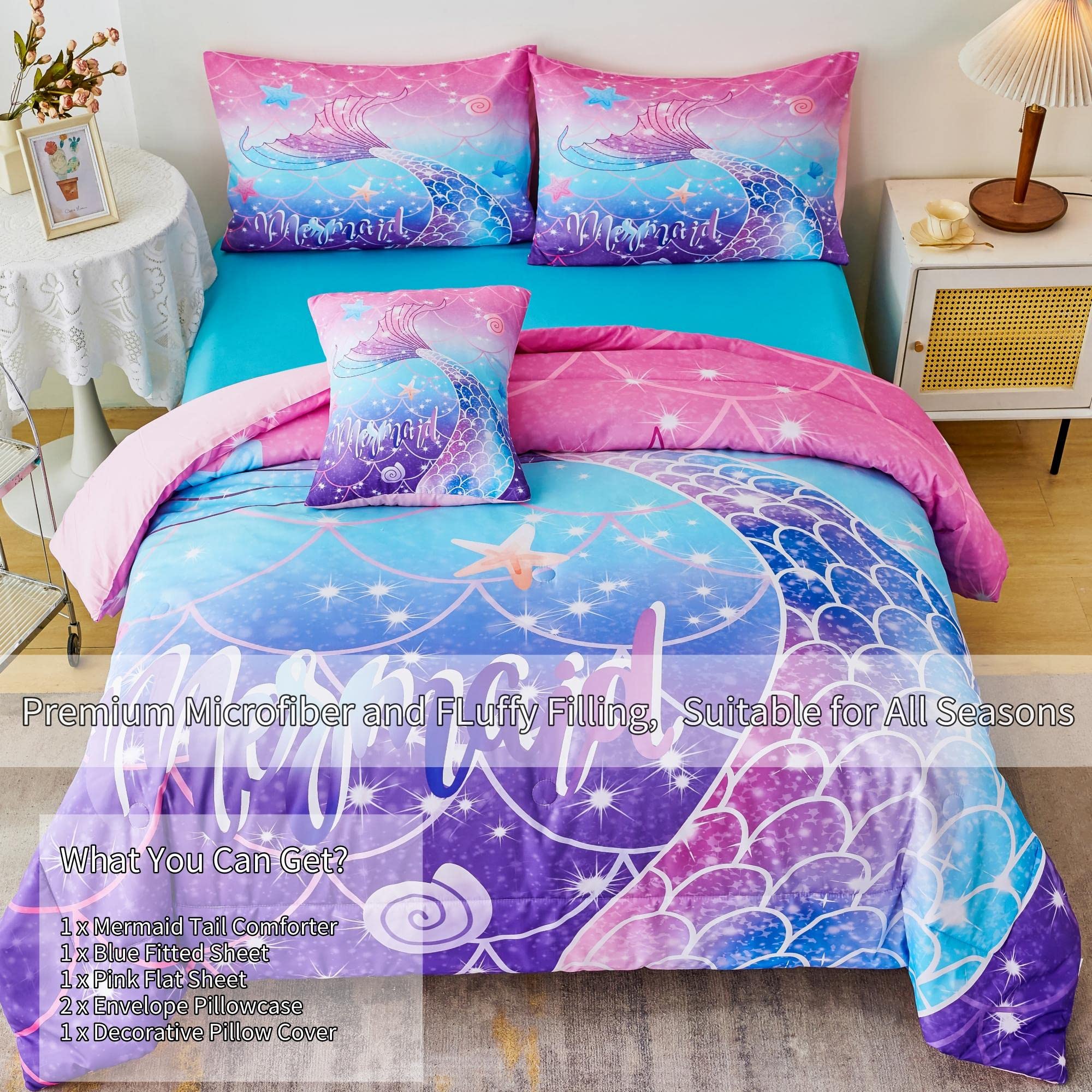 RYNGHIPY Mermaid Comforter Set 6Pcs, Kids Gilrs Bed in a Bag Twin Size, Mermaid Tail Print Teens Girls Bedding Set, Rainbow Bedding Collections
