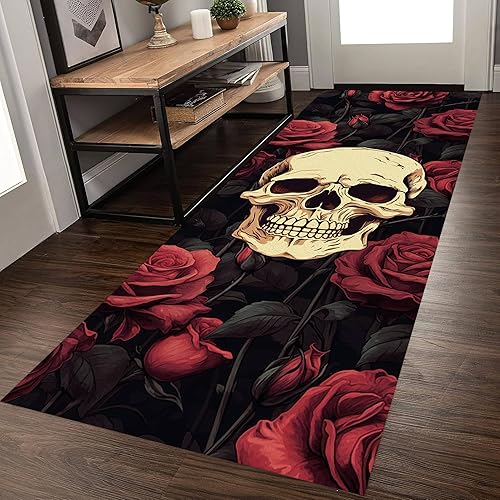 Miniatura 9 de Alfombra de esqueleto de cráneo de 1.3 x 7 pies, diseño gótico de esqueleto de terror Cyberpunk colores brillantes y brillantes, ultrafina,