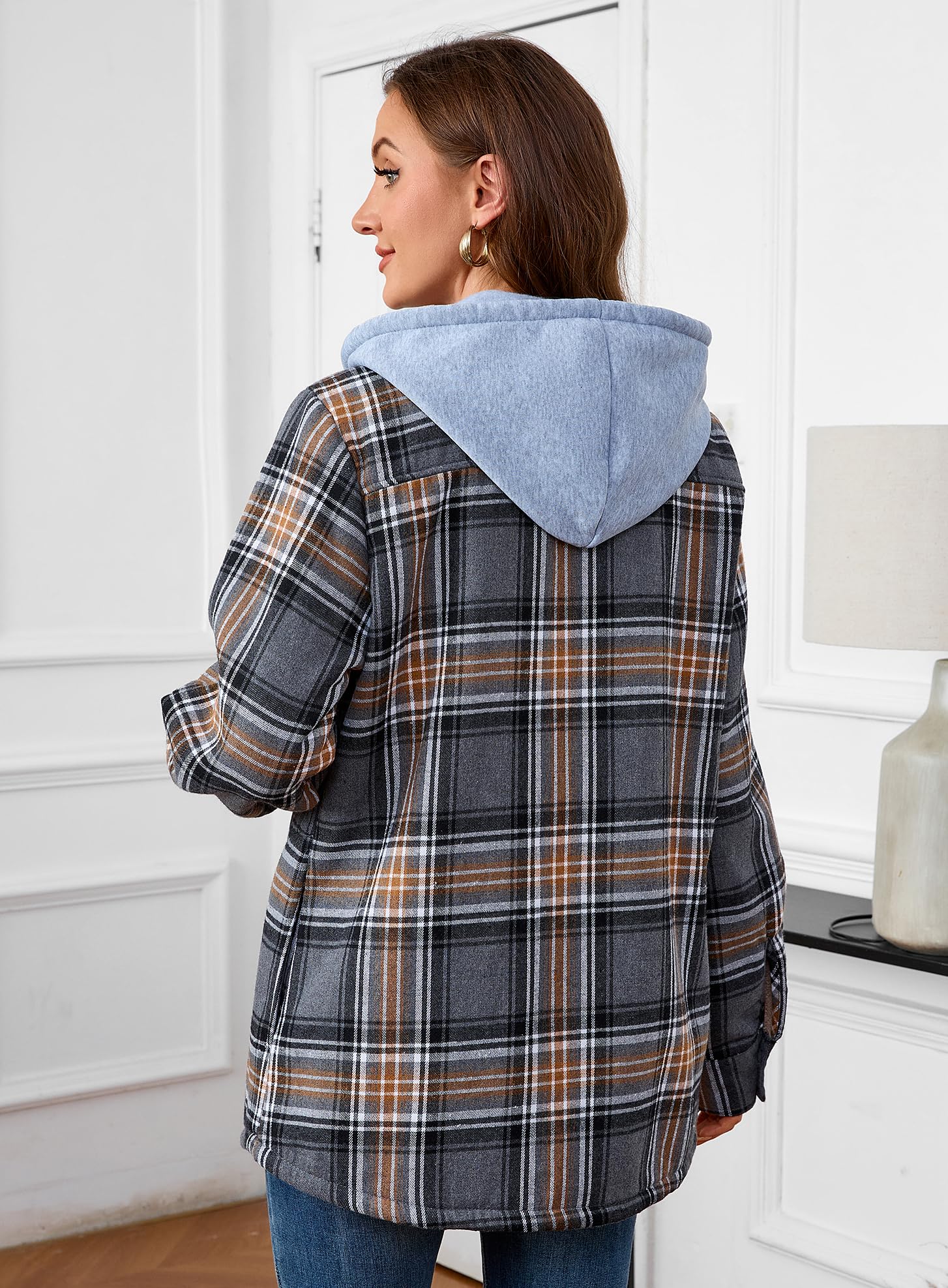 Damen Sherpa Gefüttert Flanell Hemdjacke Baumwolle Plaid Fleece Button Down Jacken mit Kapuze für Frauen