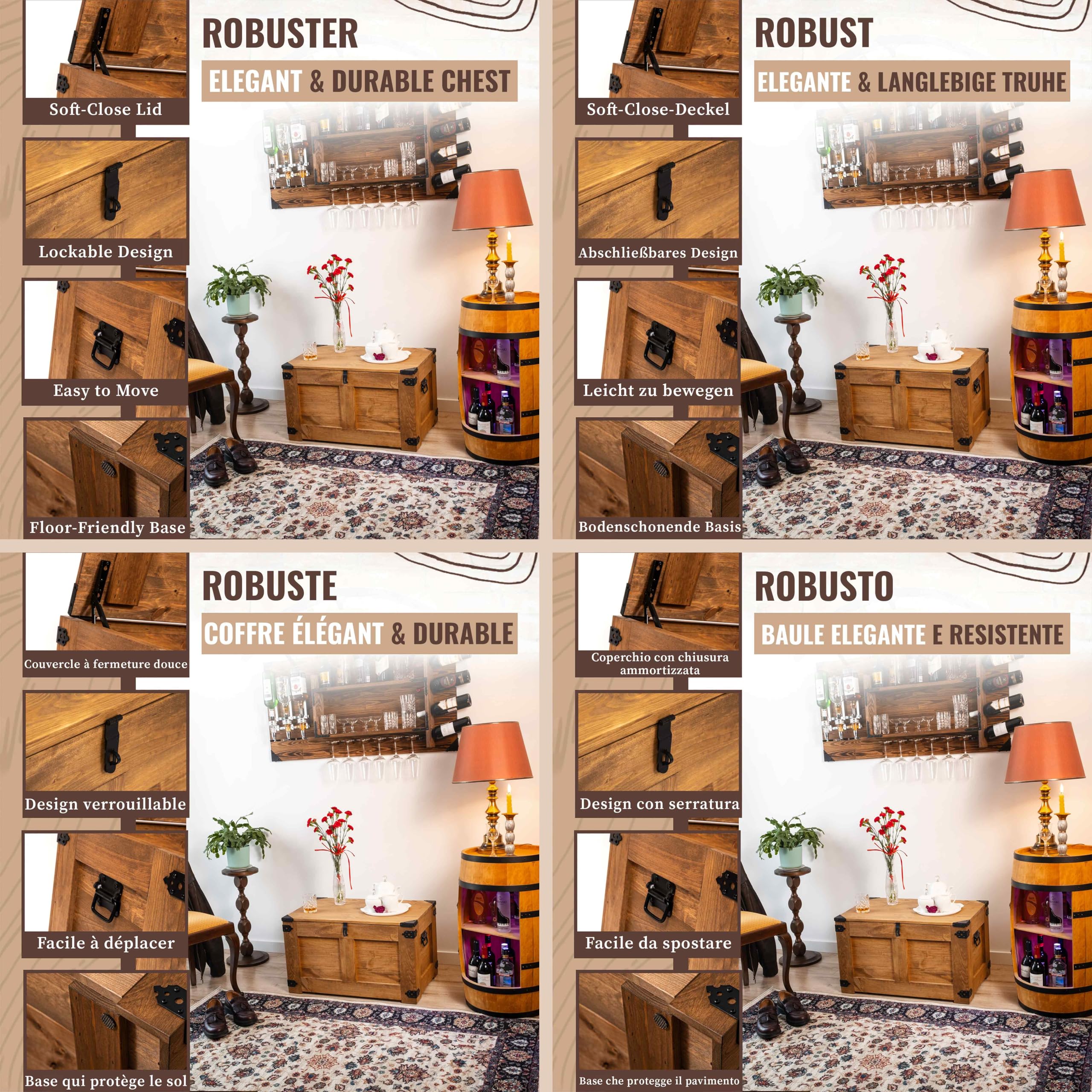 CREATIVE COOPER coffre en bois, boîte de rangement table basse rustique, coffre à jouets, 77x49x45 cm, artisanal, huile de bois eco brun