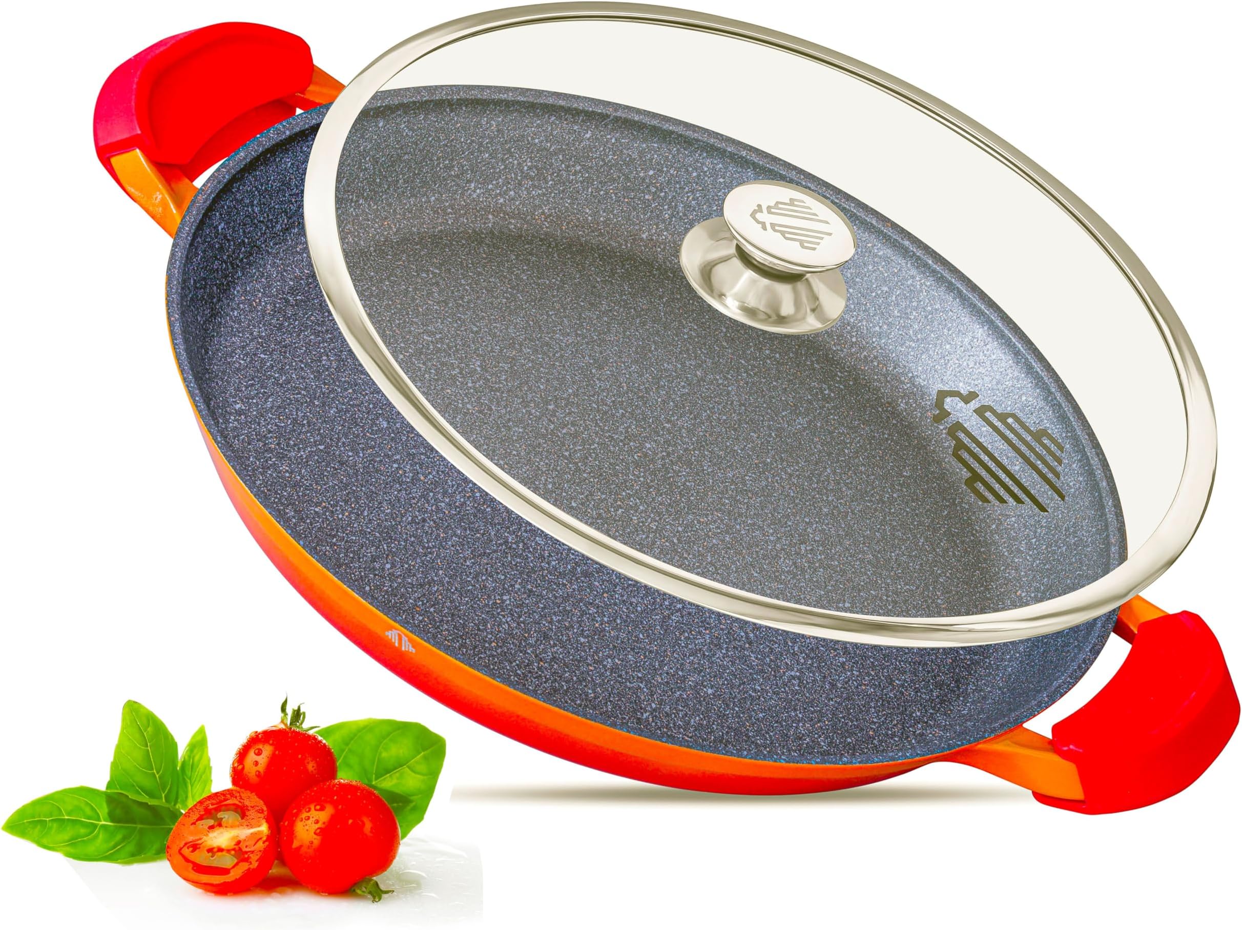INTIGNIS Paella Pan with Lid 36cm Orange, Large Deep Frying Pan, Non Stick Scratch Resistant, PFOA & PTFE Free, Induction & Oven Safe, Heavy Duty Aluminium, Serves 5–6