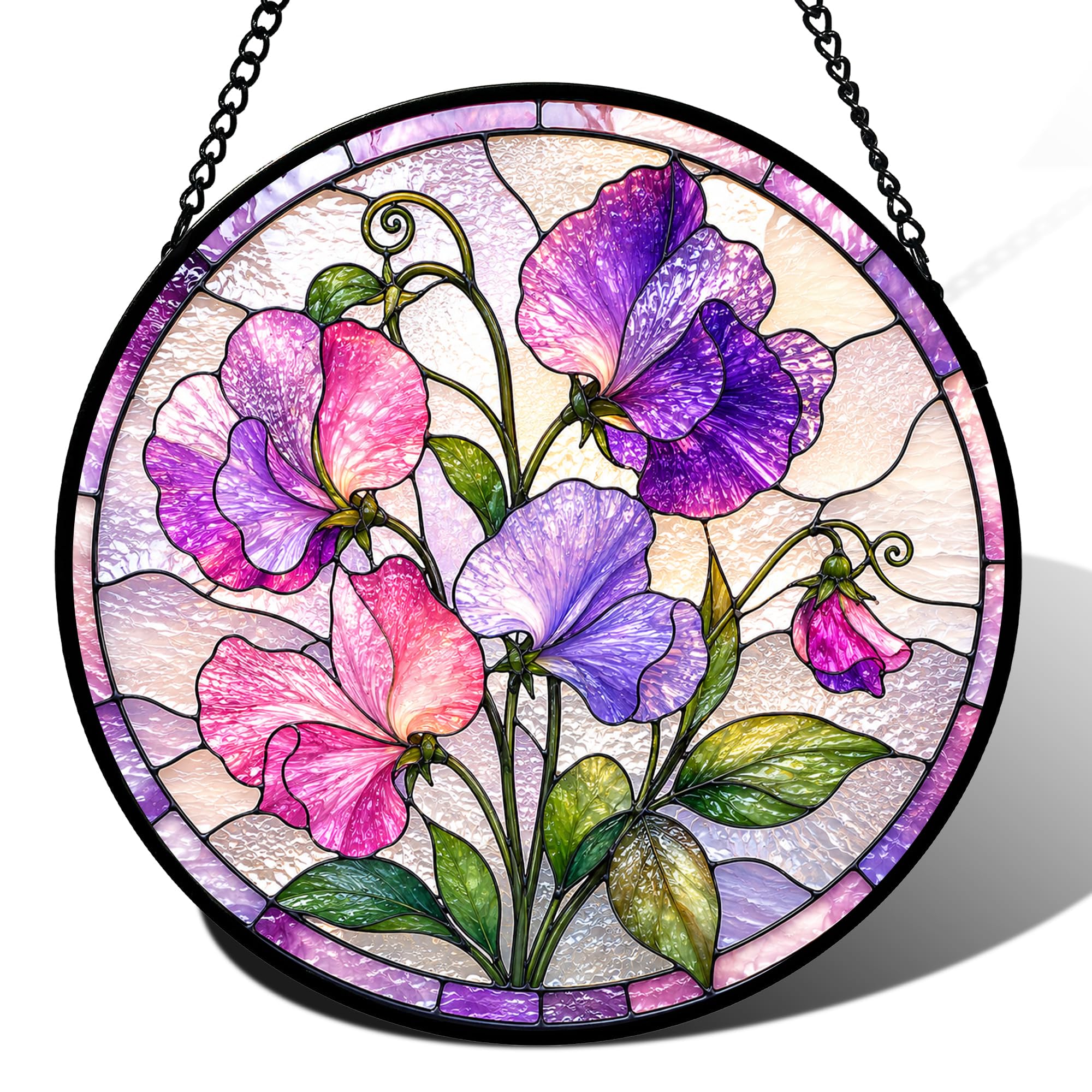 Birth Month Flowers Stained Glass Window Hanging, Sun Catcher for Window, Stained Glass Kit Style Floral Suncatcher, Round Flower Decor for Indoor Window Wall Garden Gift (Sweet Pea)