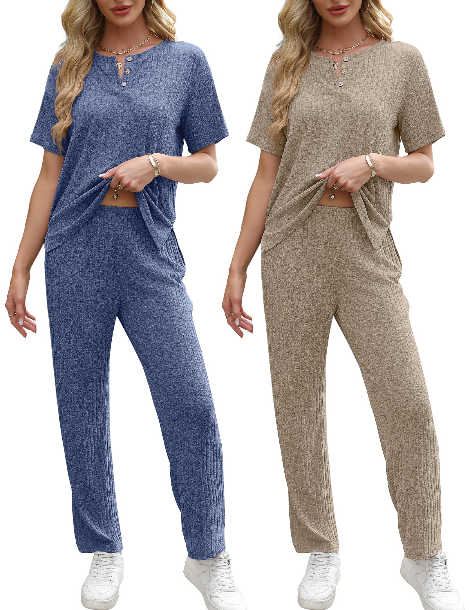 Ekouaer 2 Pack Womens Ribbed Knit Lounge Set Short Sleeve Loungewear Henly Neck Top and Pants Sleepwear Pajama with Pockets