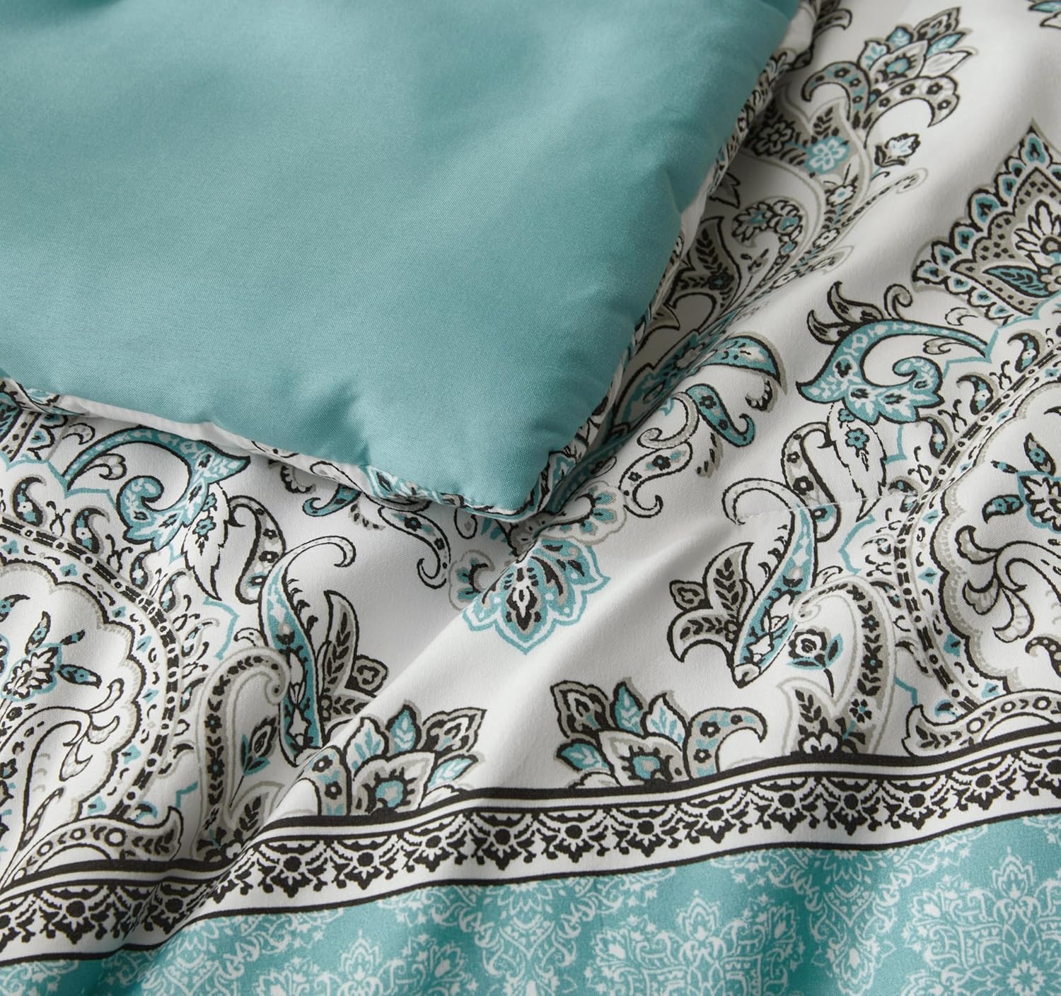 Chezmoi Collection Herald 3-Piece Printed Comforter Set, Aqua Blue Black White Boho Damask - Pre-Washed Microfiber Lightweight Bedding for All Seasons, Queen Size