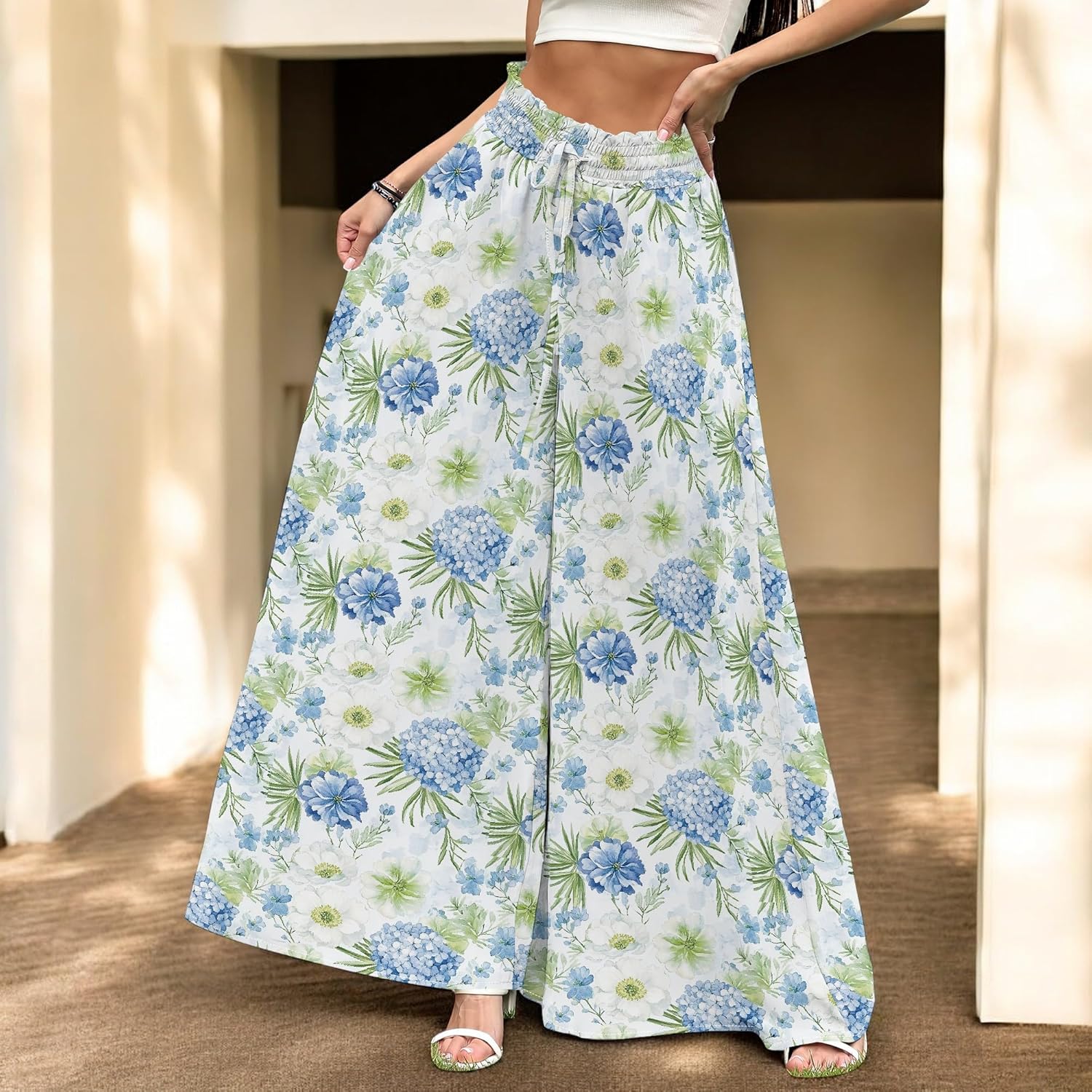 ZOCAVIA Women's Boho Wide Leg Pants 2025 Summer Smocked Waist Floral Palazzo Pants Flowy Lounge Pants Beach Trousers Pockets - Image 5